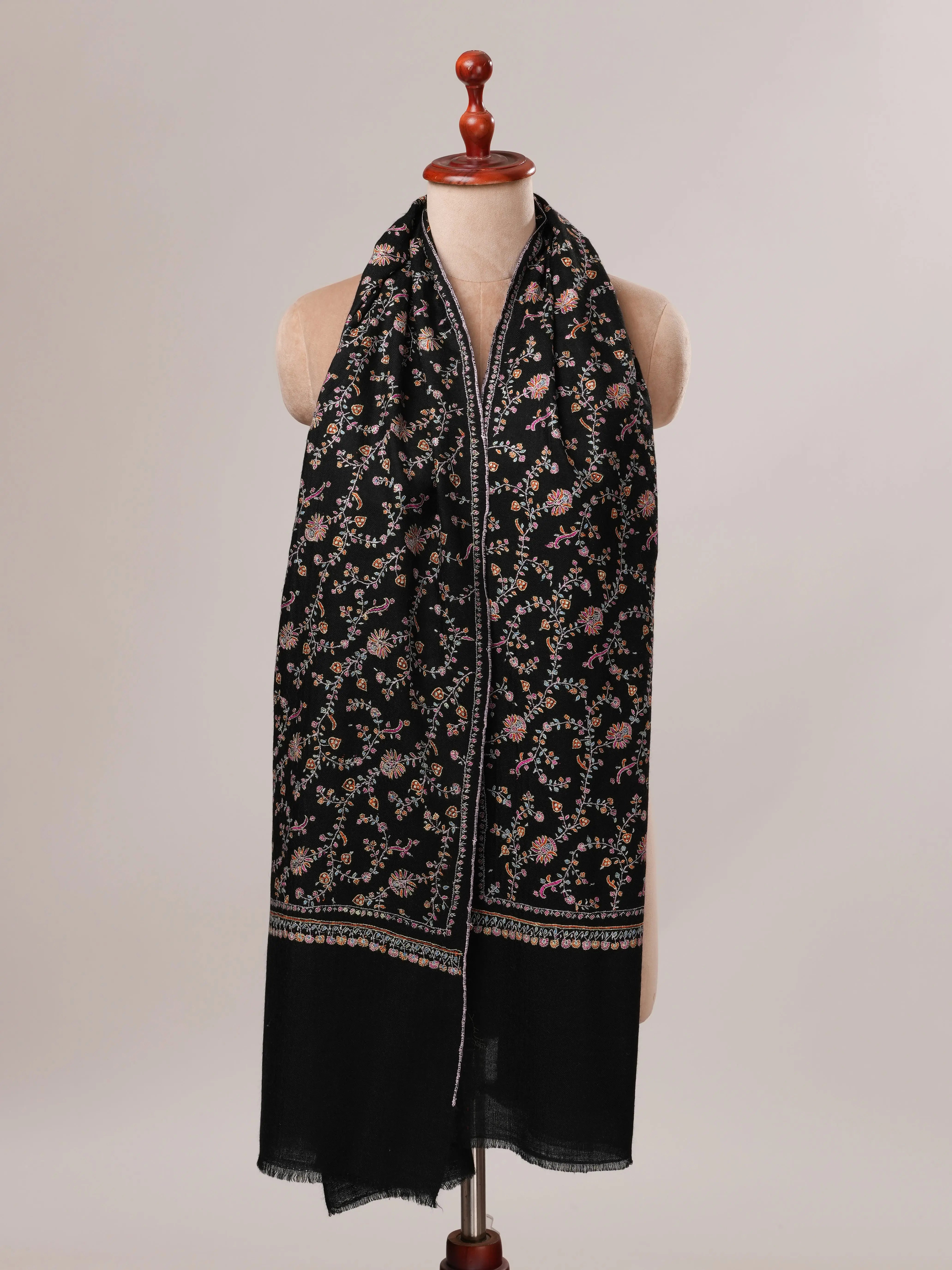 Black Soft Cashmere Scarf with All Over Jali Hand Embroidery Shahkaar.com