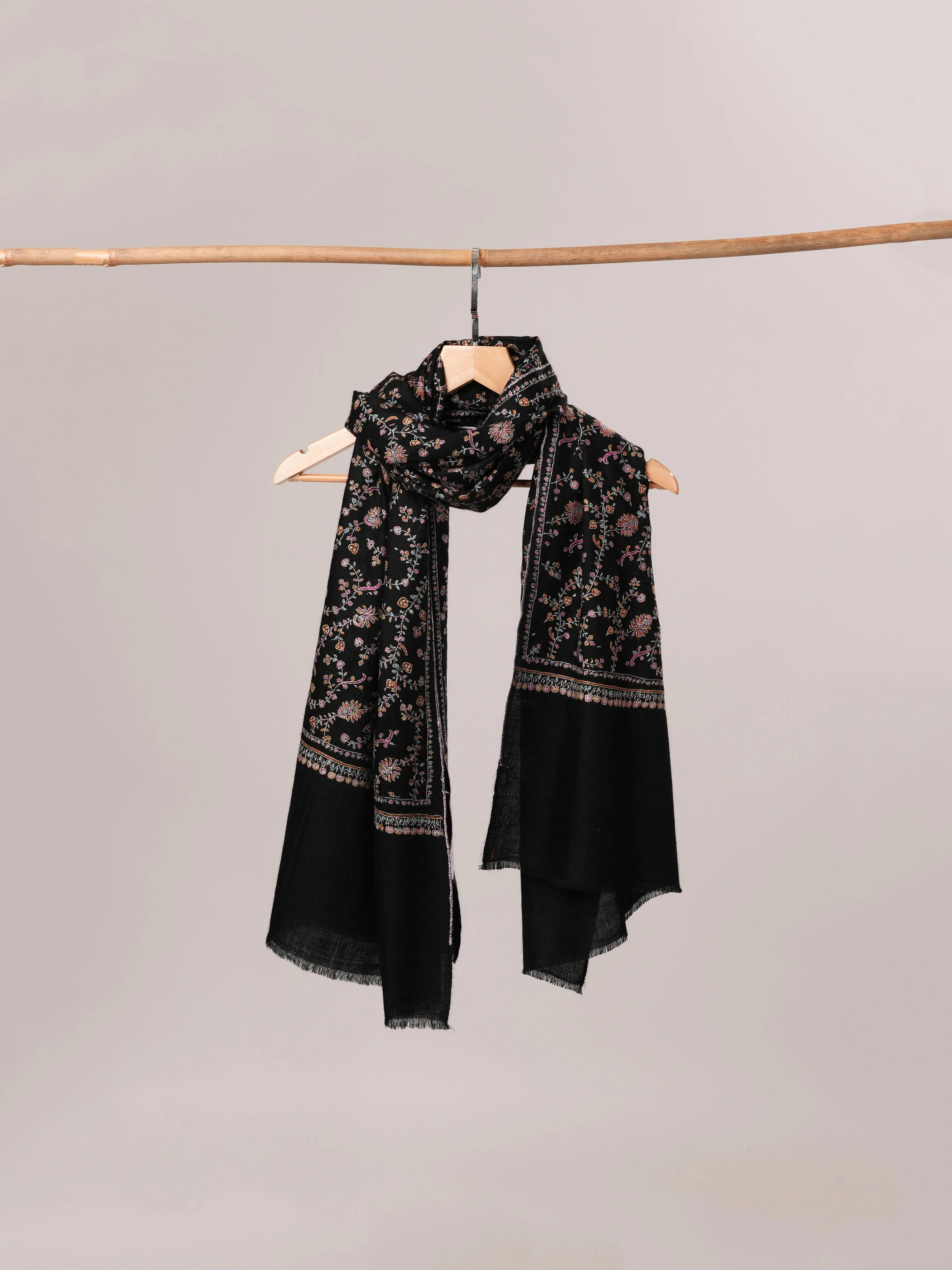 Black Soft Cashmere Scarf with All Over Jali Hand Embroidery Shahkaar.com