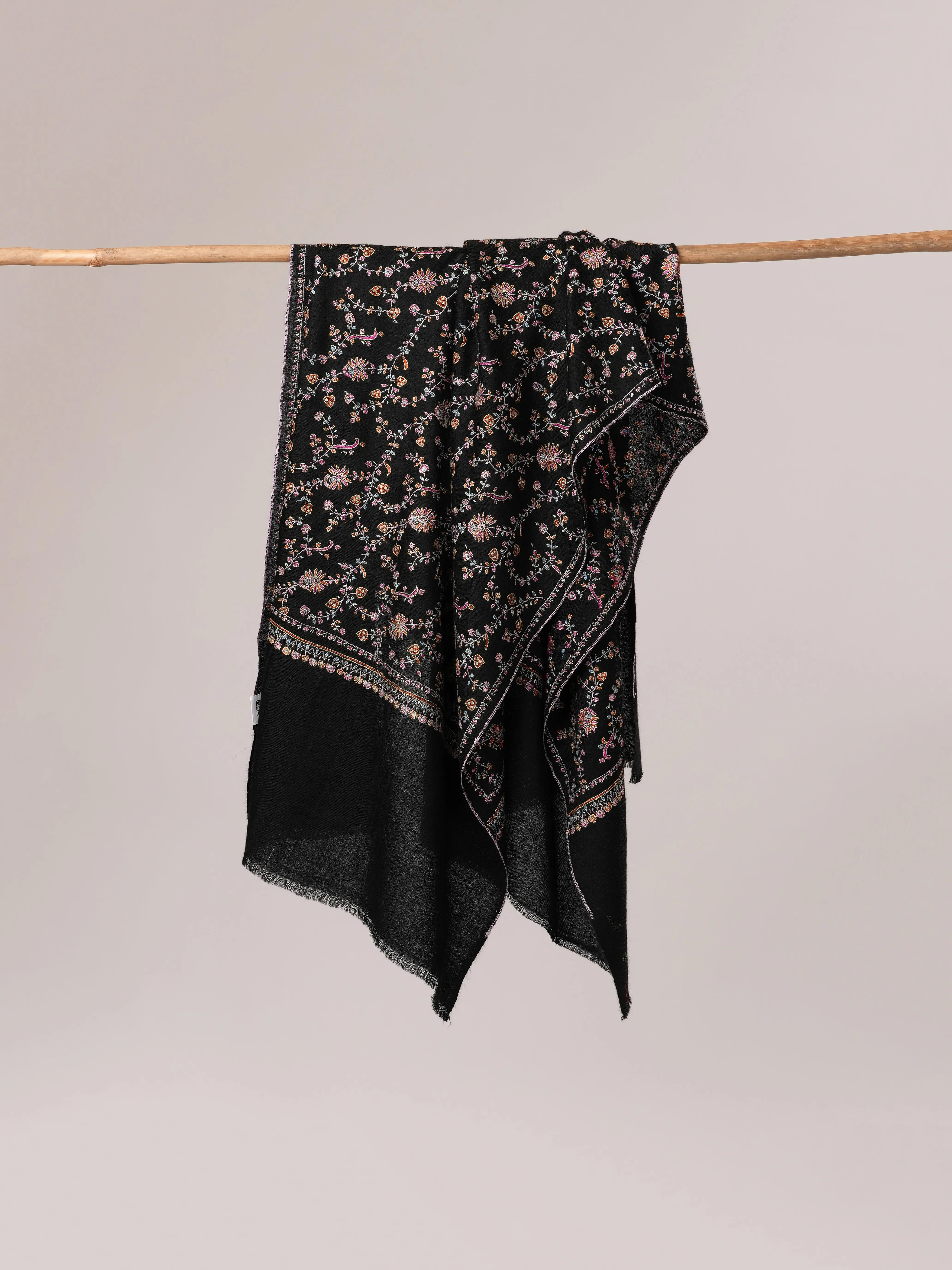 Black Soft Cashmere Scarf with All Over Jali Hand Embroidery Shahkaar.com