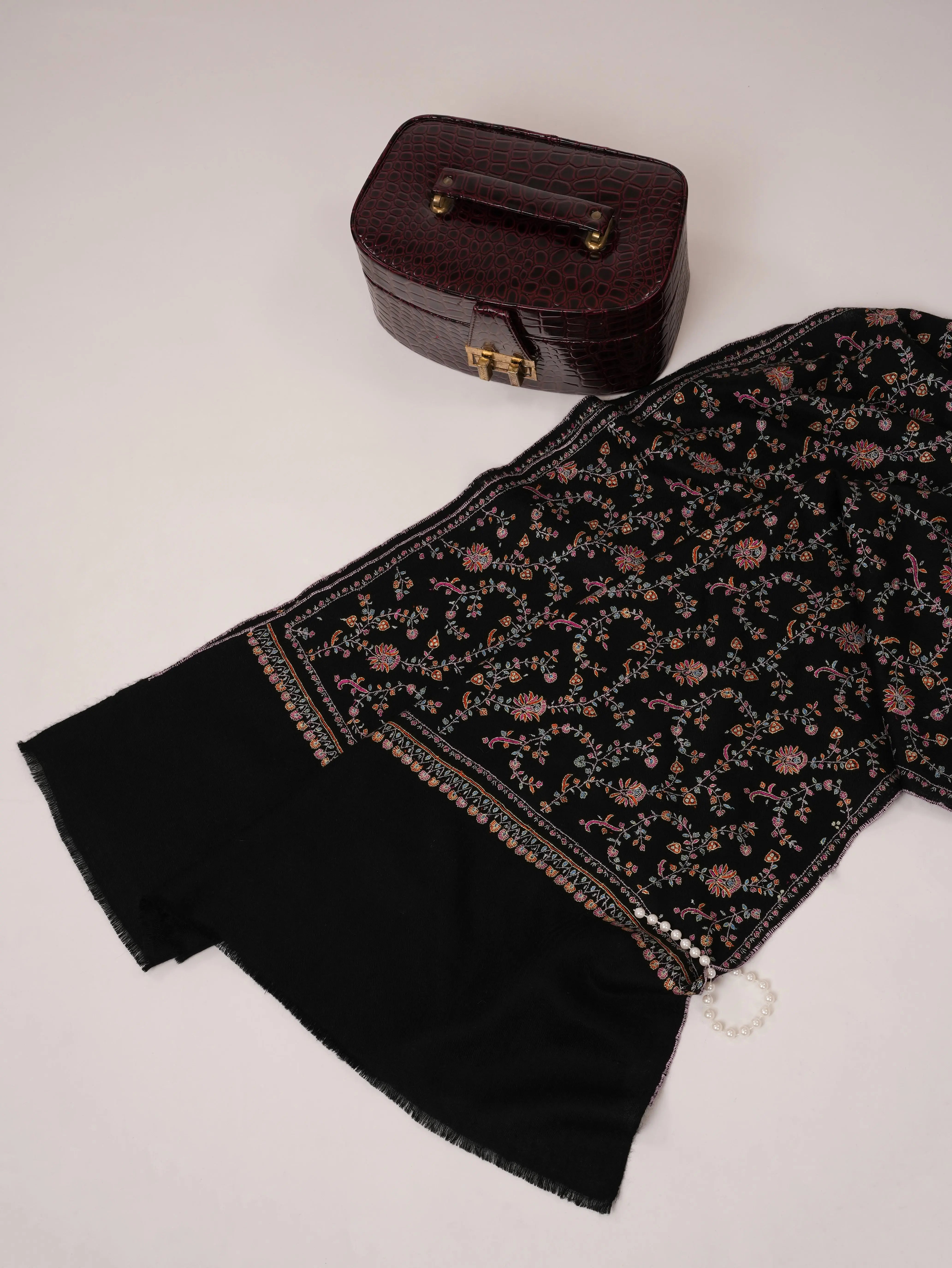 Black Soft Cashmere Scarf with All Over Jali Hand Embroidery Shahkaar.com