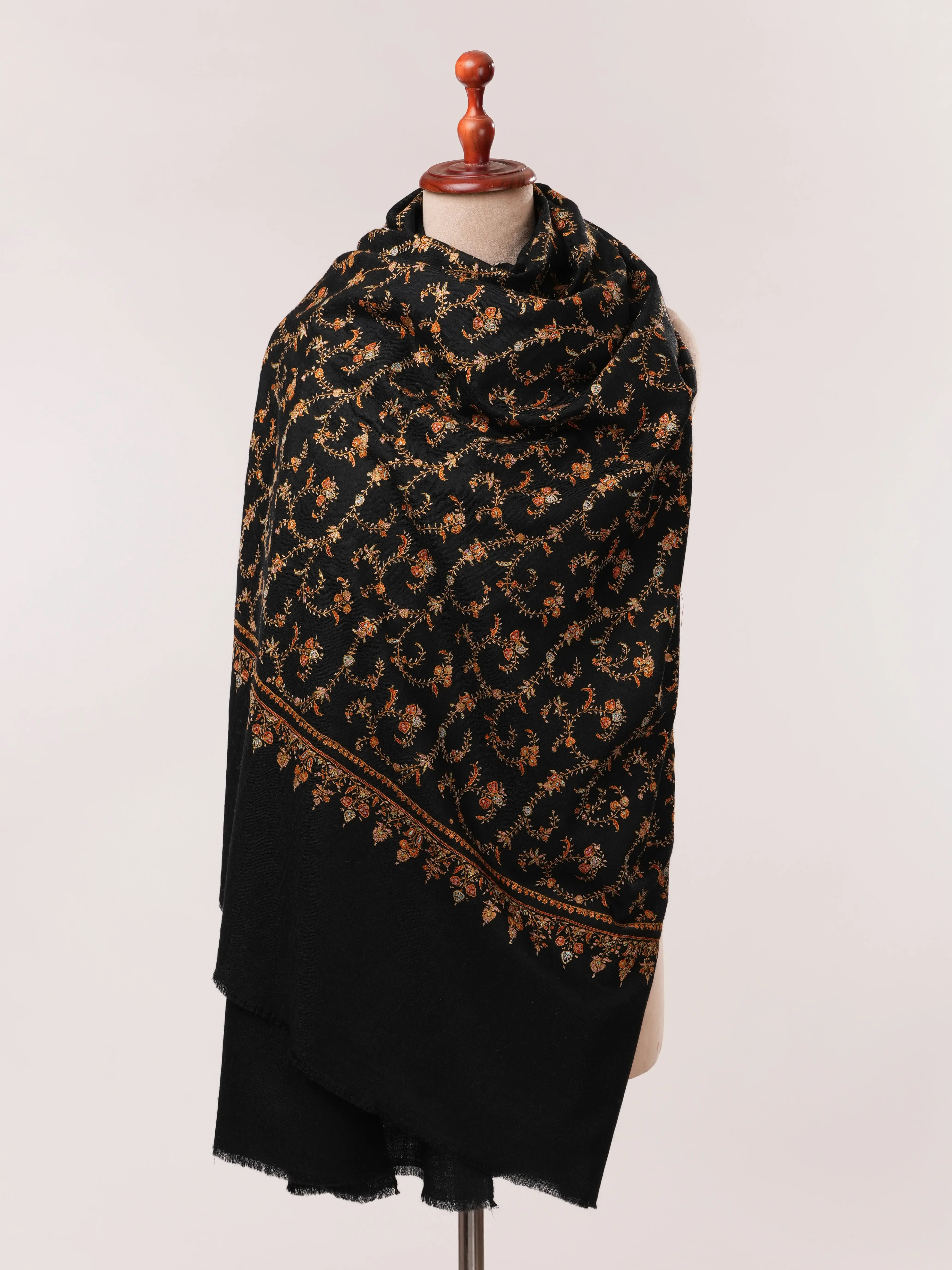 Black Handwoven Pashmina Shawl with Hand Embroidery Shahkaar.com