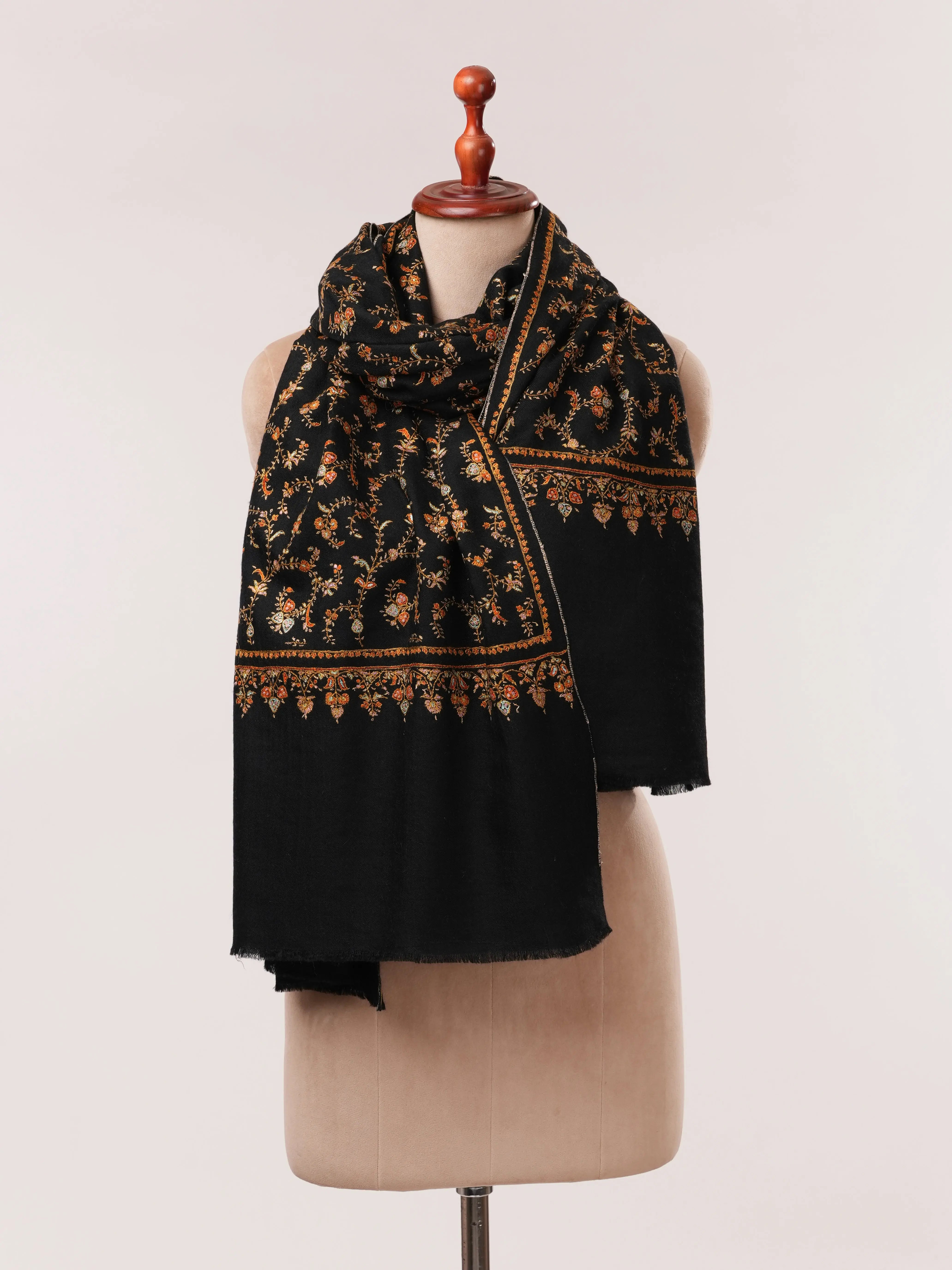 Black Handwoven Pashmina Shawl with Hand Embroidery Shahkaar.com