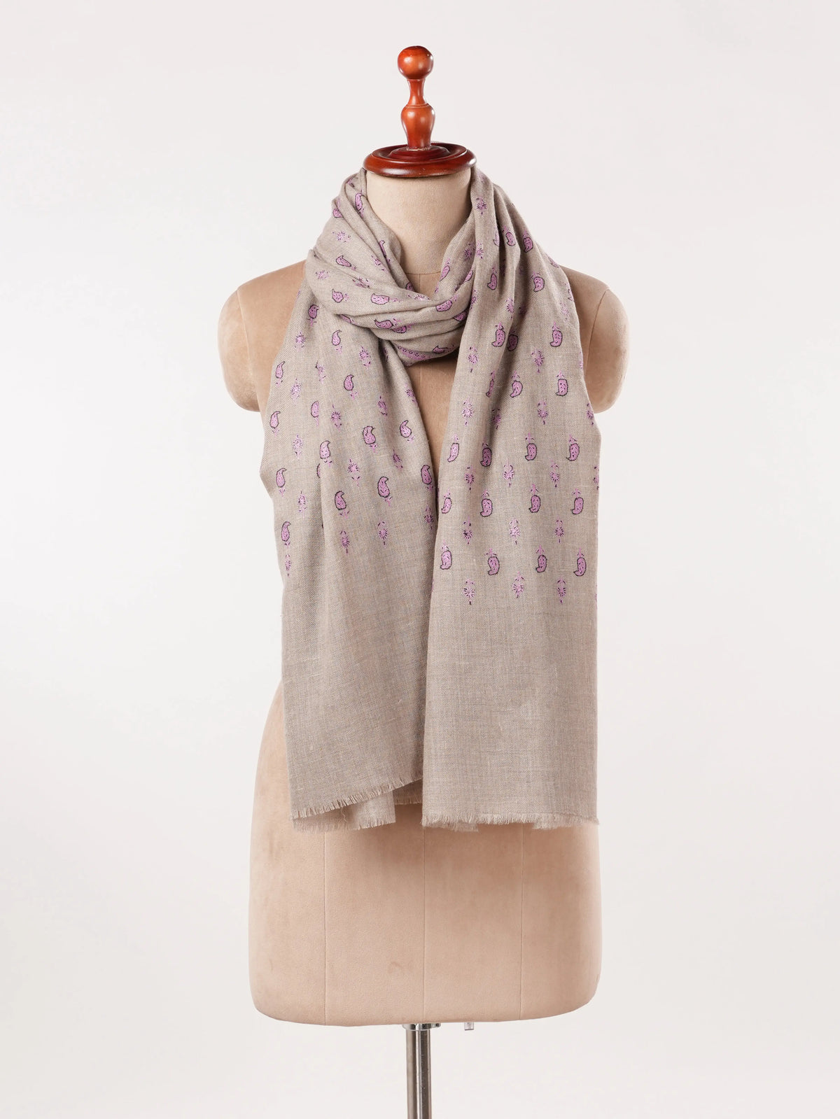 Natural Beige Pashmina Shawl with Small Paisley Hand Embroidery