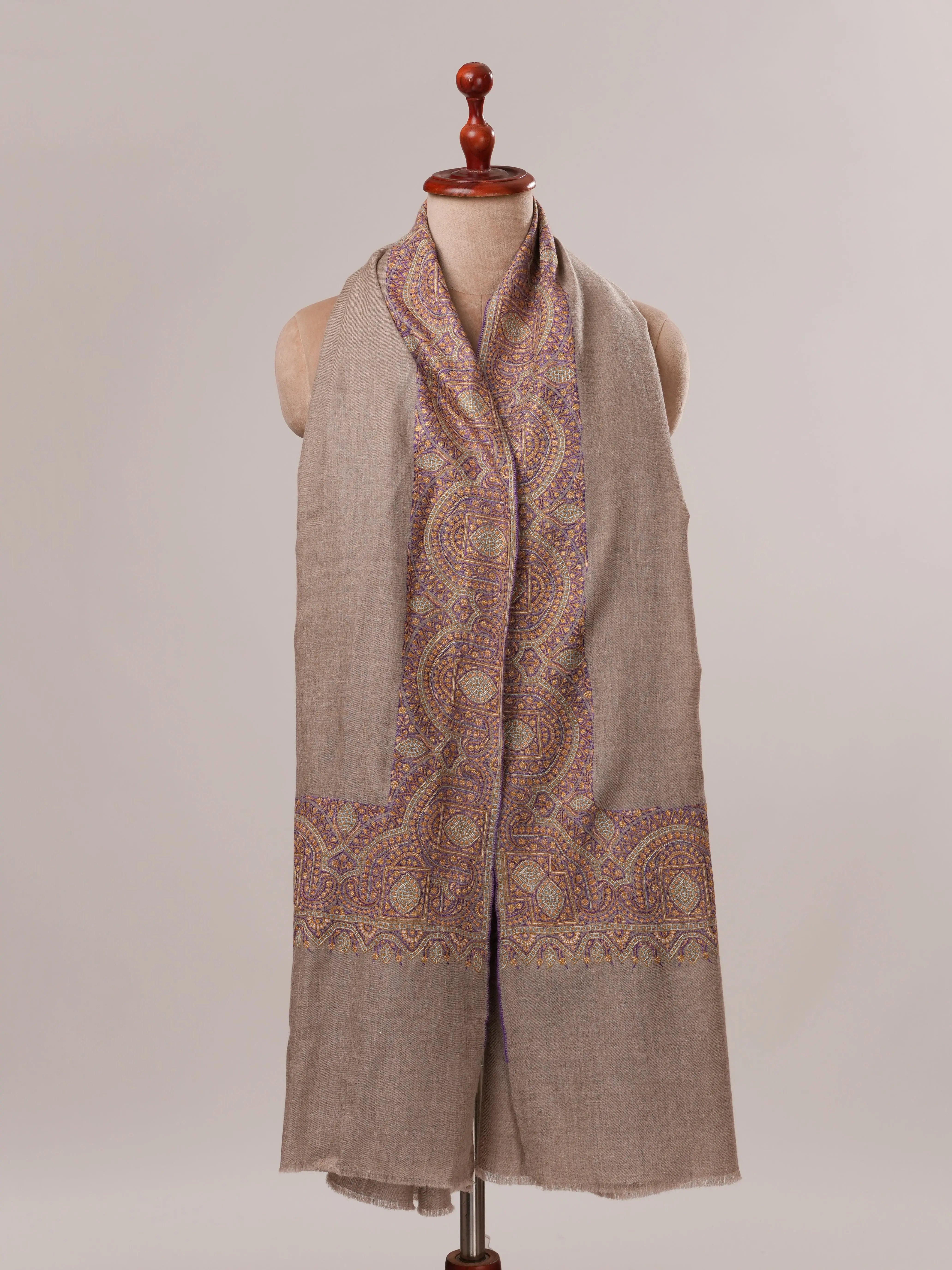 Natural Grey Daurdar Hand Embroidered Pure Pashmina Shawl Shahkaar.com