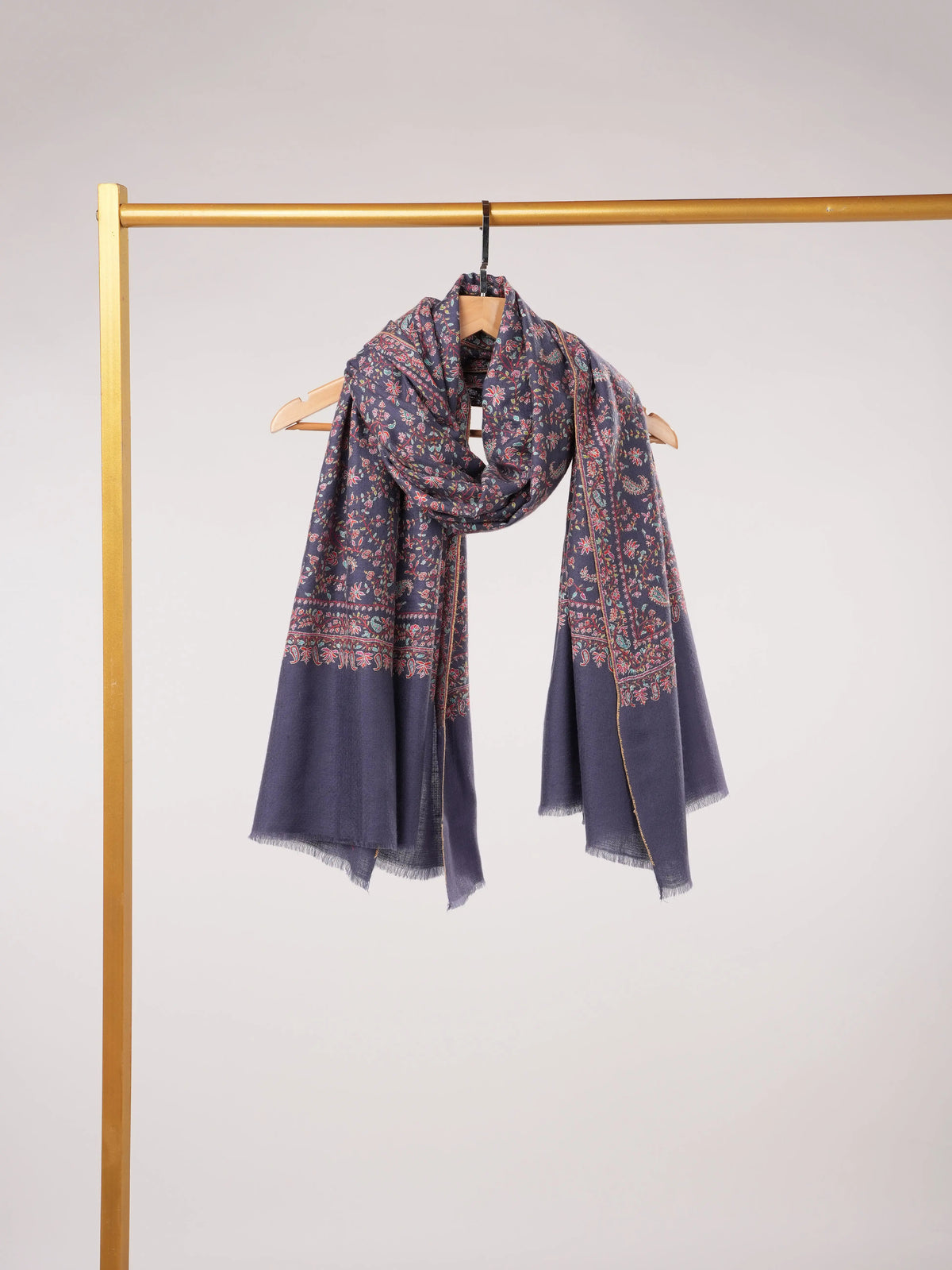 Handwoven Dark Slate Blue Pashmina Shawl with Jali Sozni Hand Embroidery Shahkaar.com