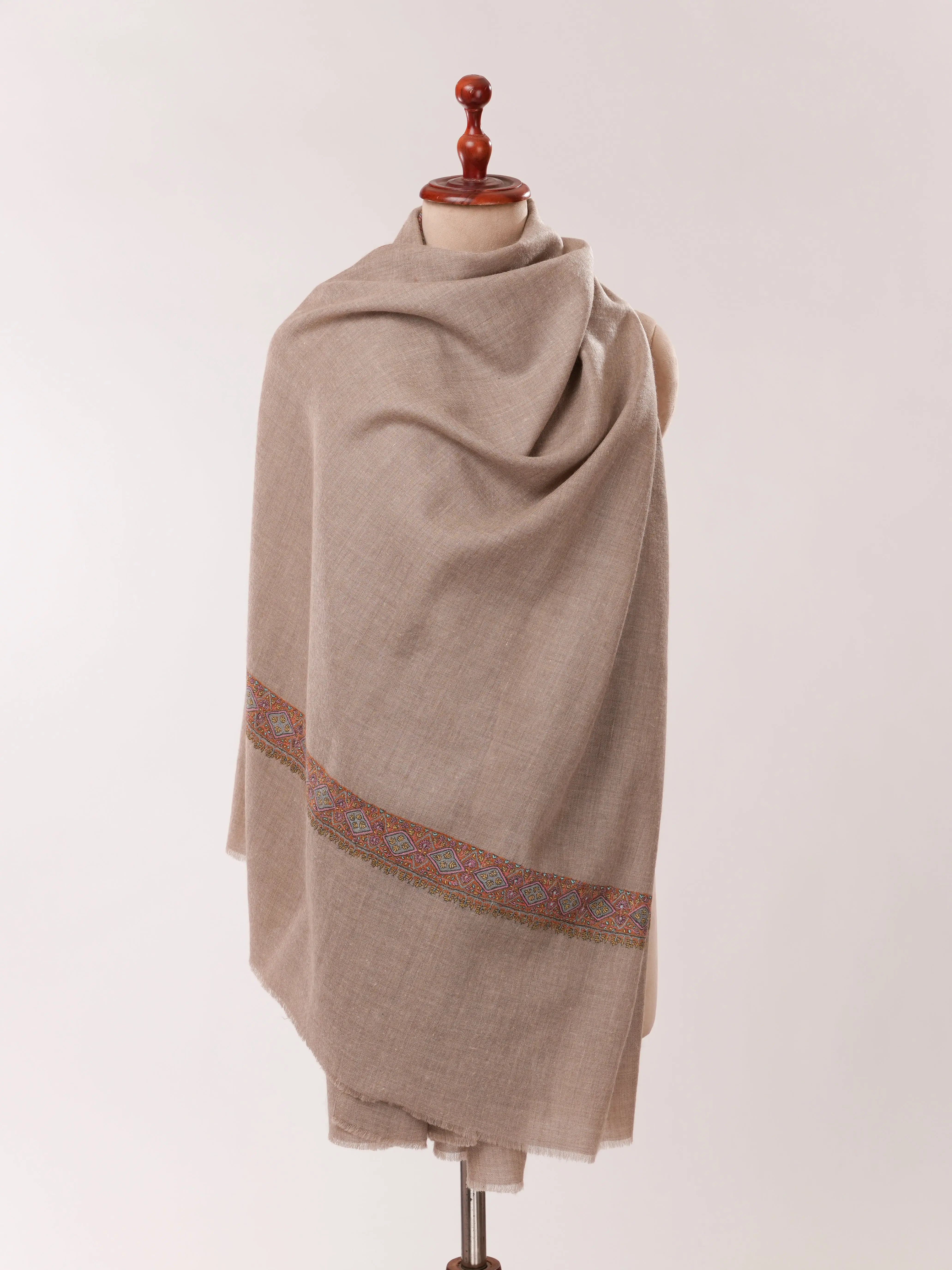 Natural Grey Pure Pashmina Shawl with Neemdaur Hand Embroidery Shahkaar.com
