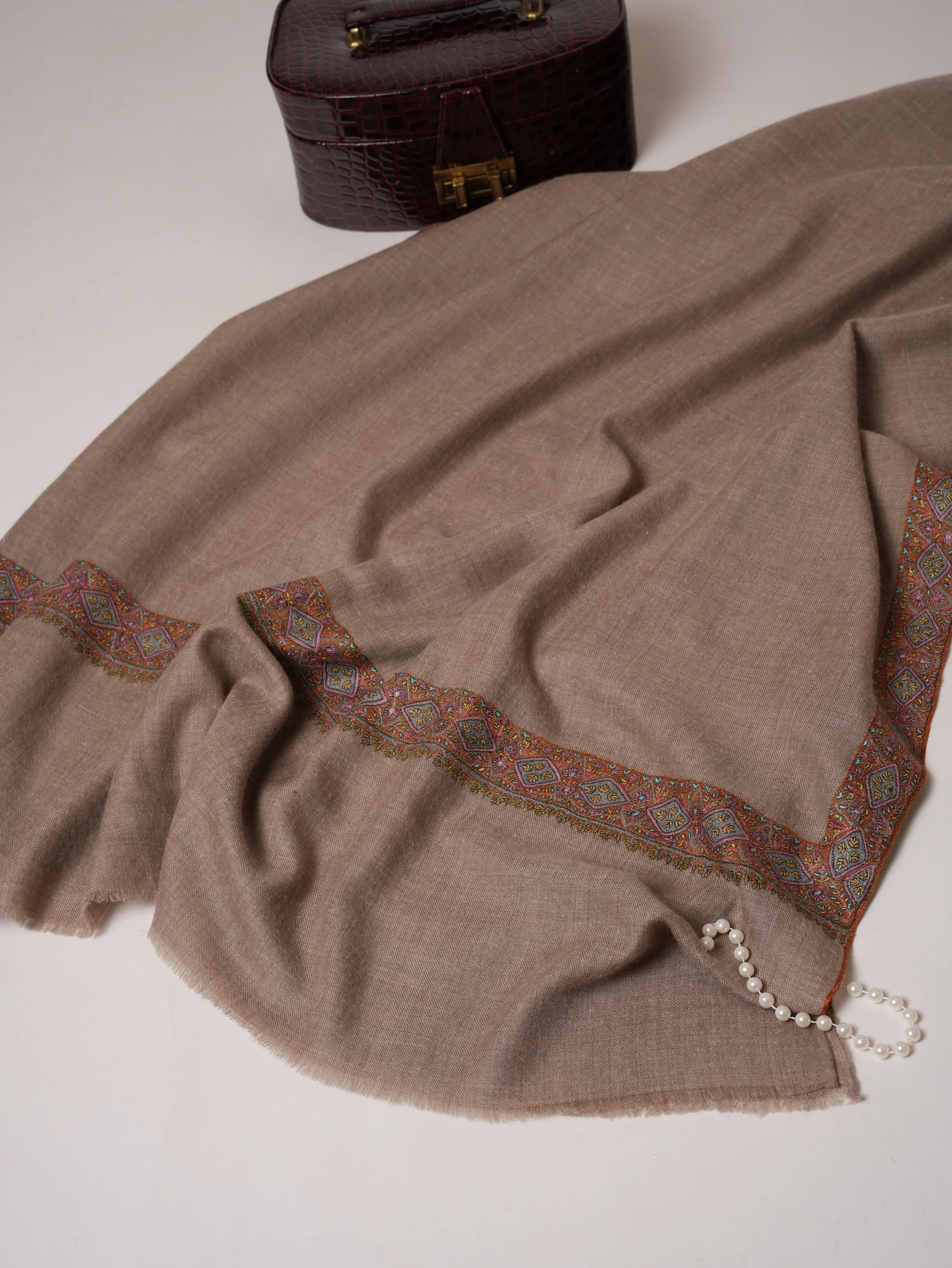 Natural Grey Pure Pashmina Shawl with Neemdaur Hand Embroidery Shahkaar.com