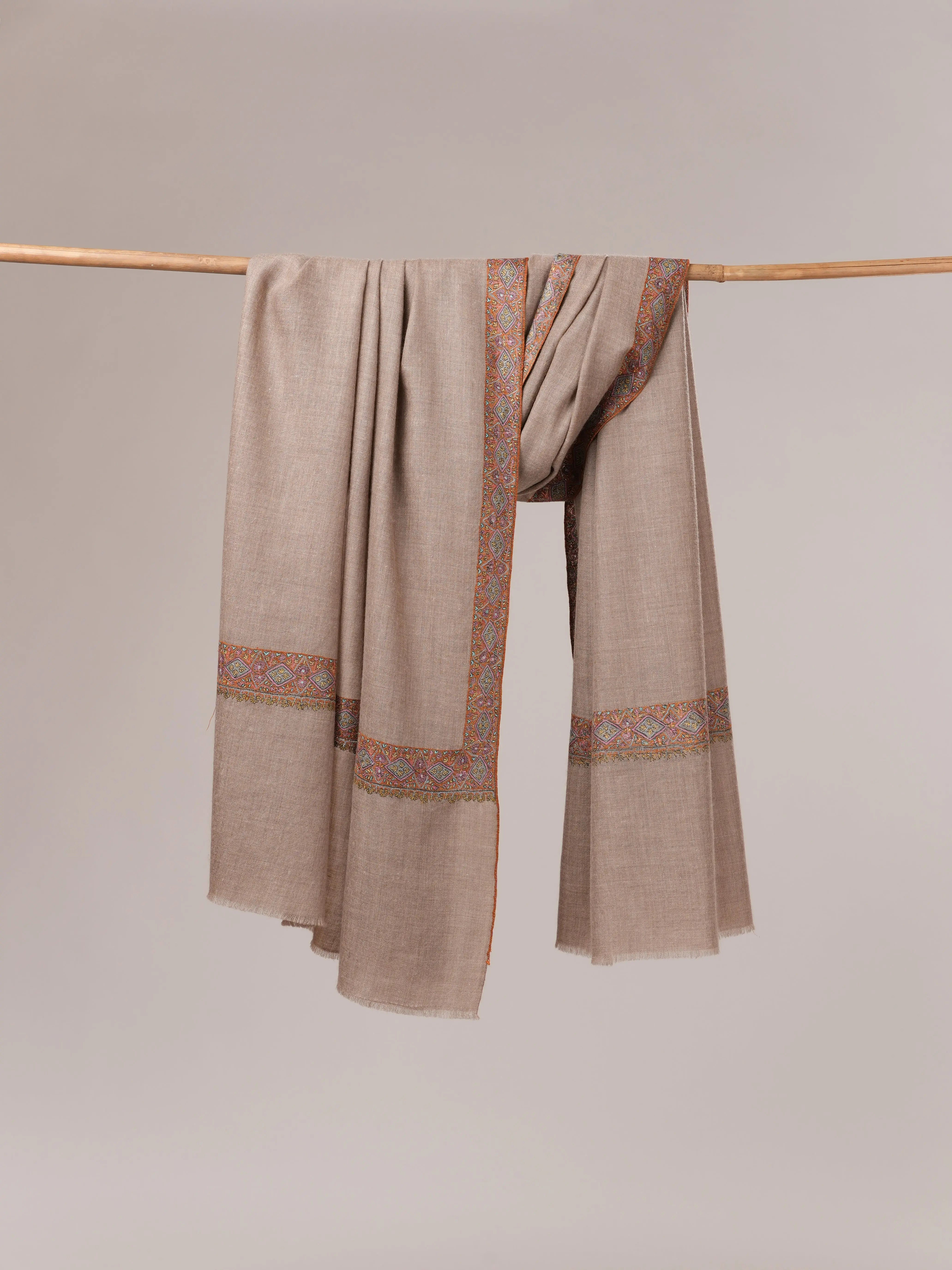 Natural Grey Pure Pashmina Shawl with Neemdaur Hand Embroidery Shahkaar.com