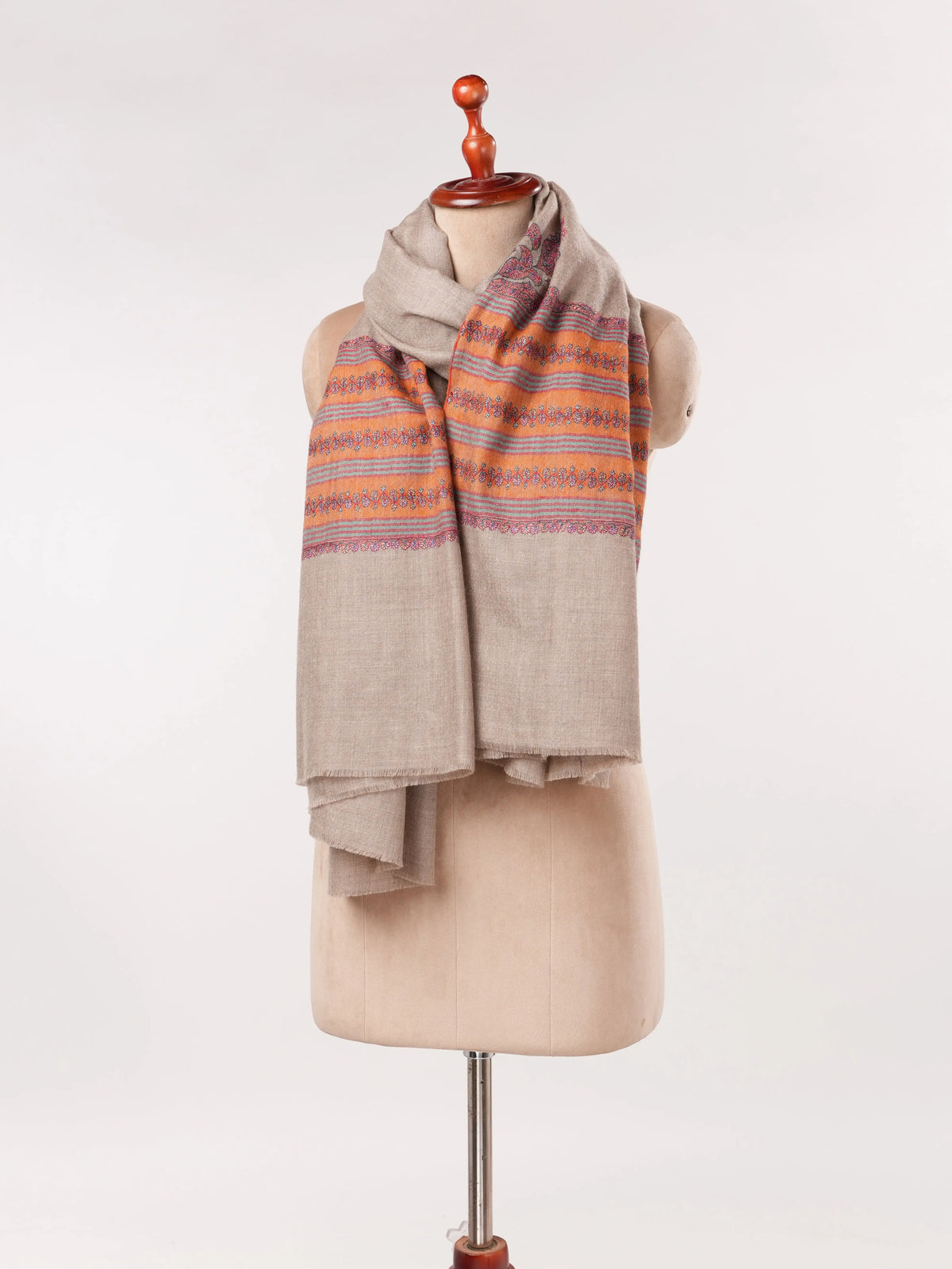 Handwoven Natural Taupe Palldar Pashmina Shawl with Sozni Hand Embroidery Shahkaar.com