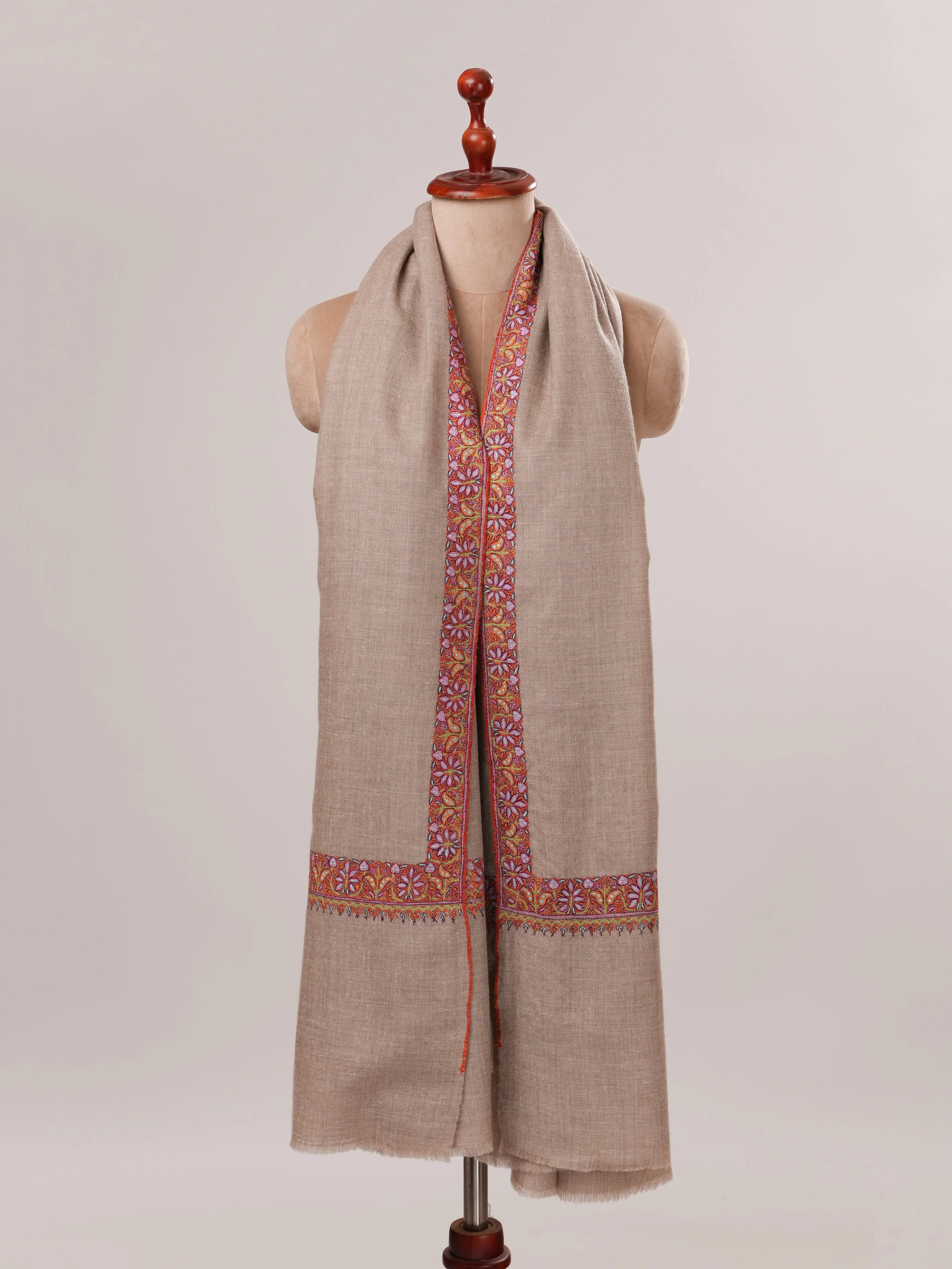 Natural Grey Pure Pashmina Shawl with Classic Neemdaur Hand Embroidery Shahkaar.com