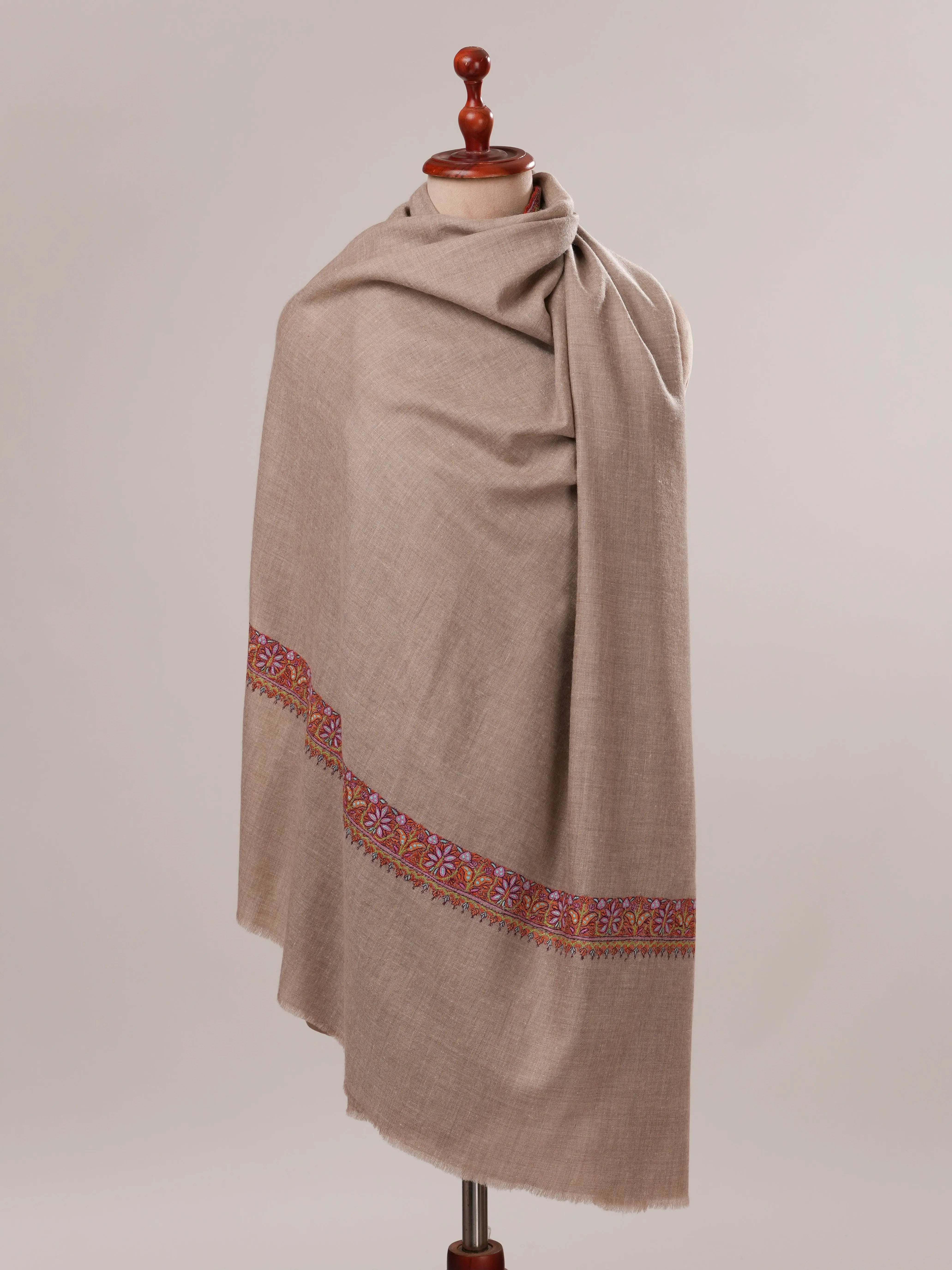 Natural Grey Pure Pashmina Shawl with Classic Neemdaur Hand Embroidery Shahkaar.com