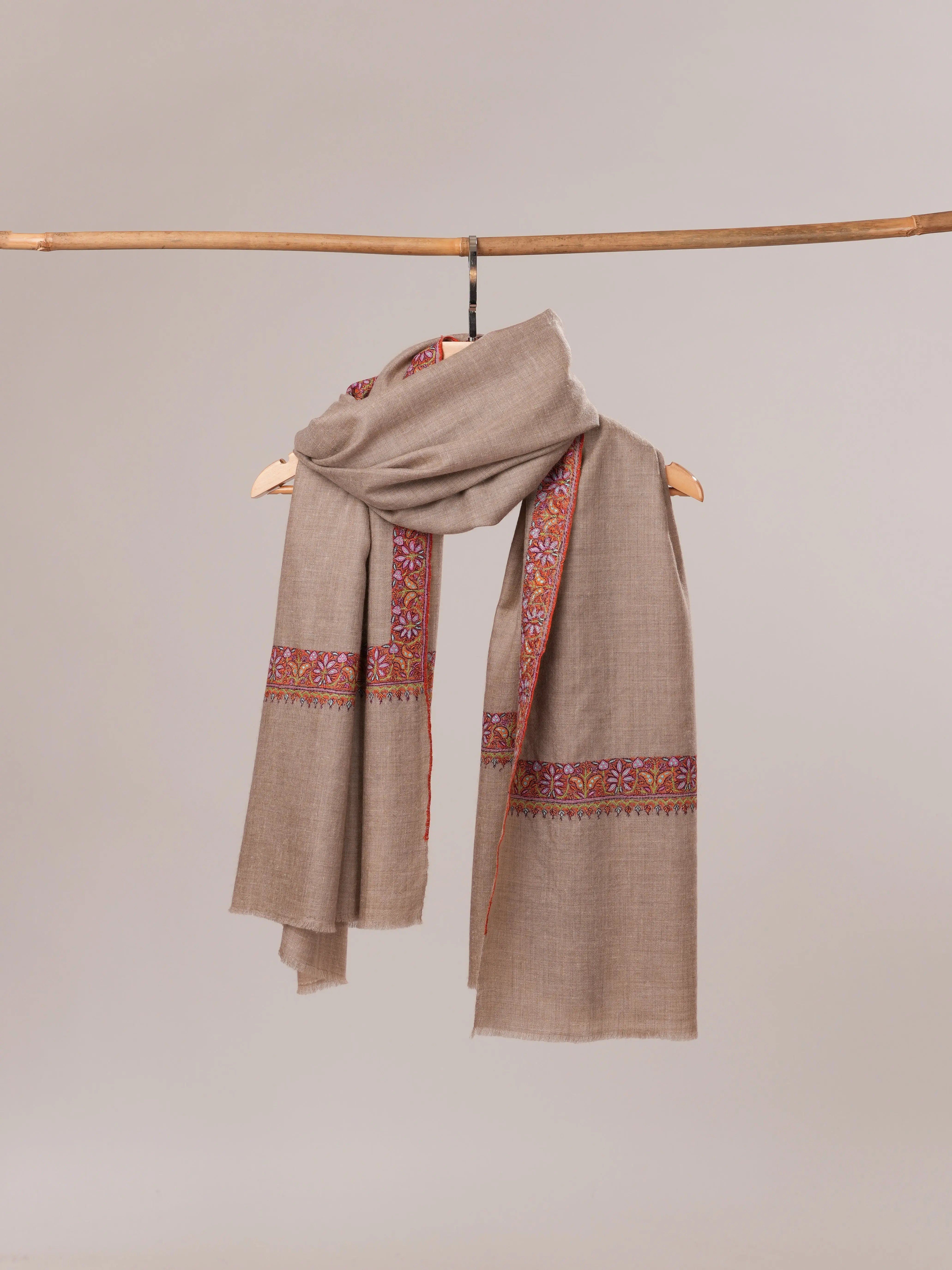 Natural Grey Pure Pashmina Shawl with Classic Neemdaur Hand Embroidery Shahkaar.com