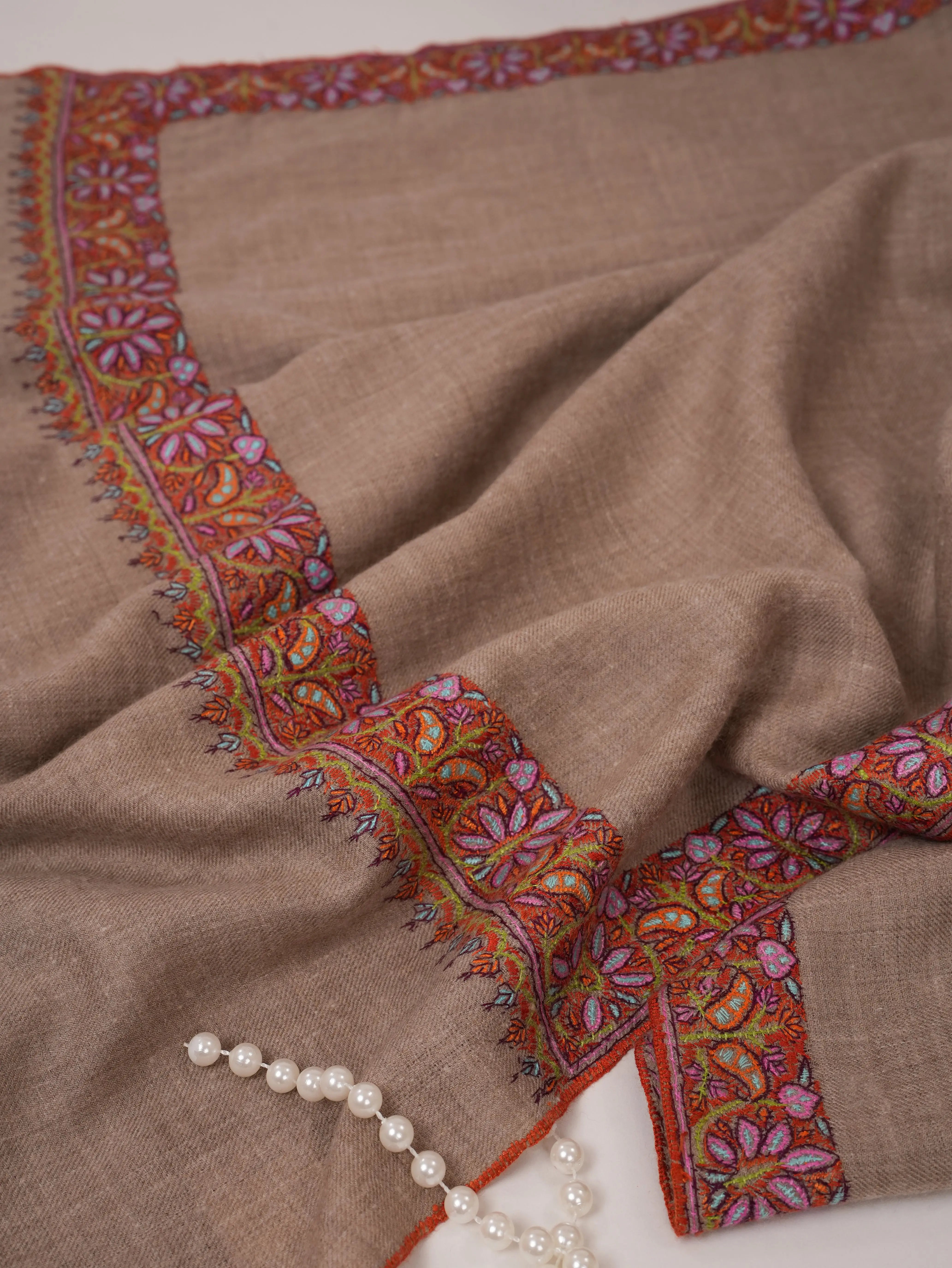 Natural Grey Pure Pashmina Shawl with Classic Neemdaur Hand Embroidery Shahkaar.com