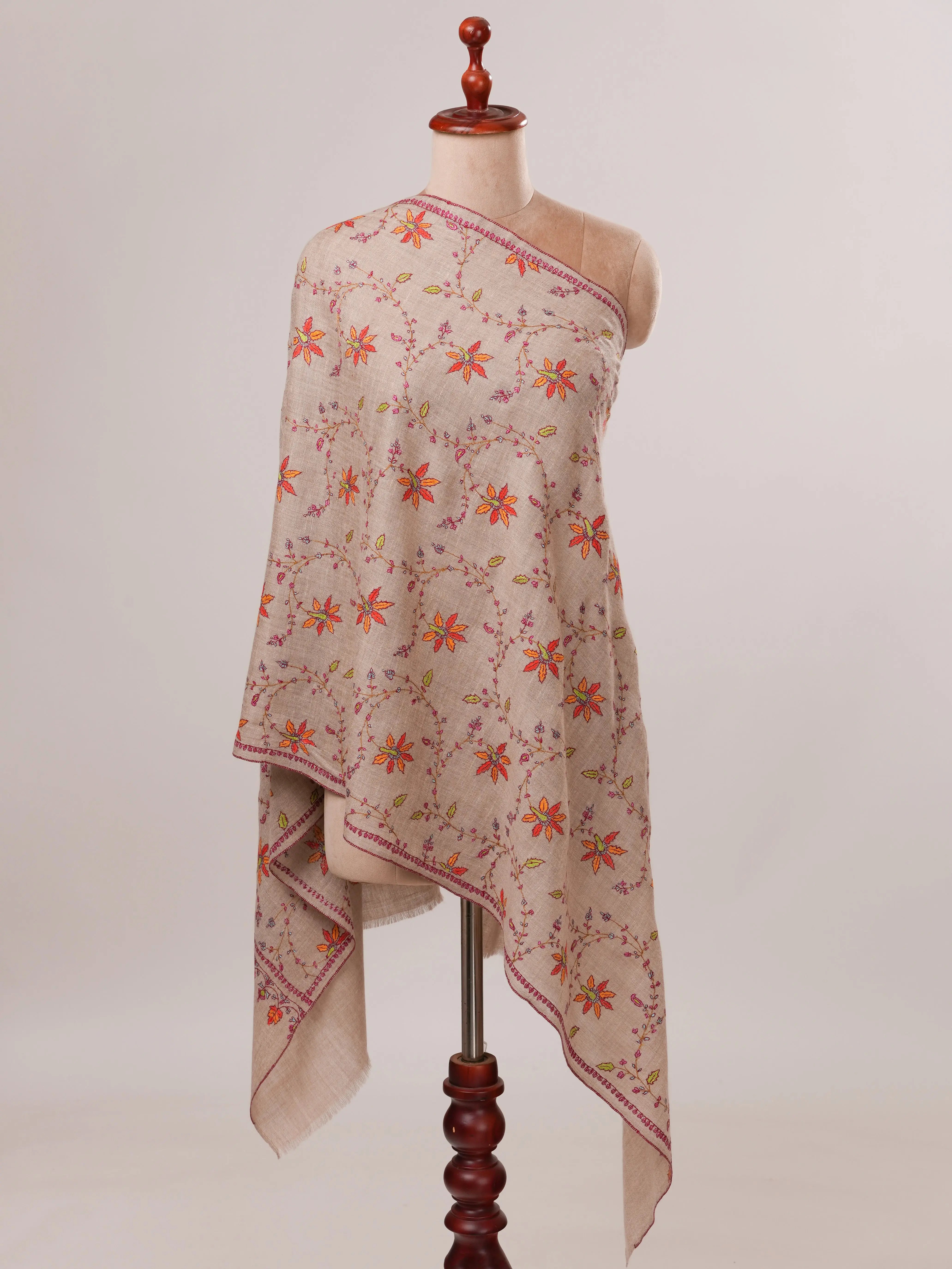 Natural Grey Cashmere Scarf with Floral Jali Hand Embroidery Shahkaar.com