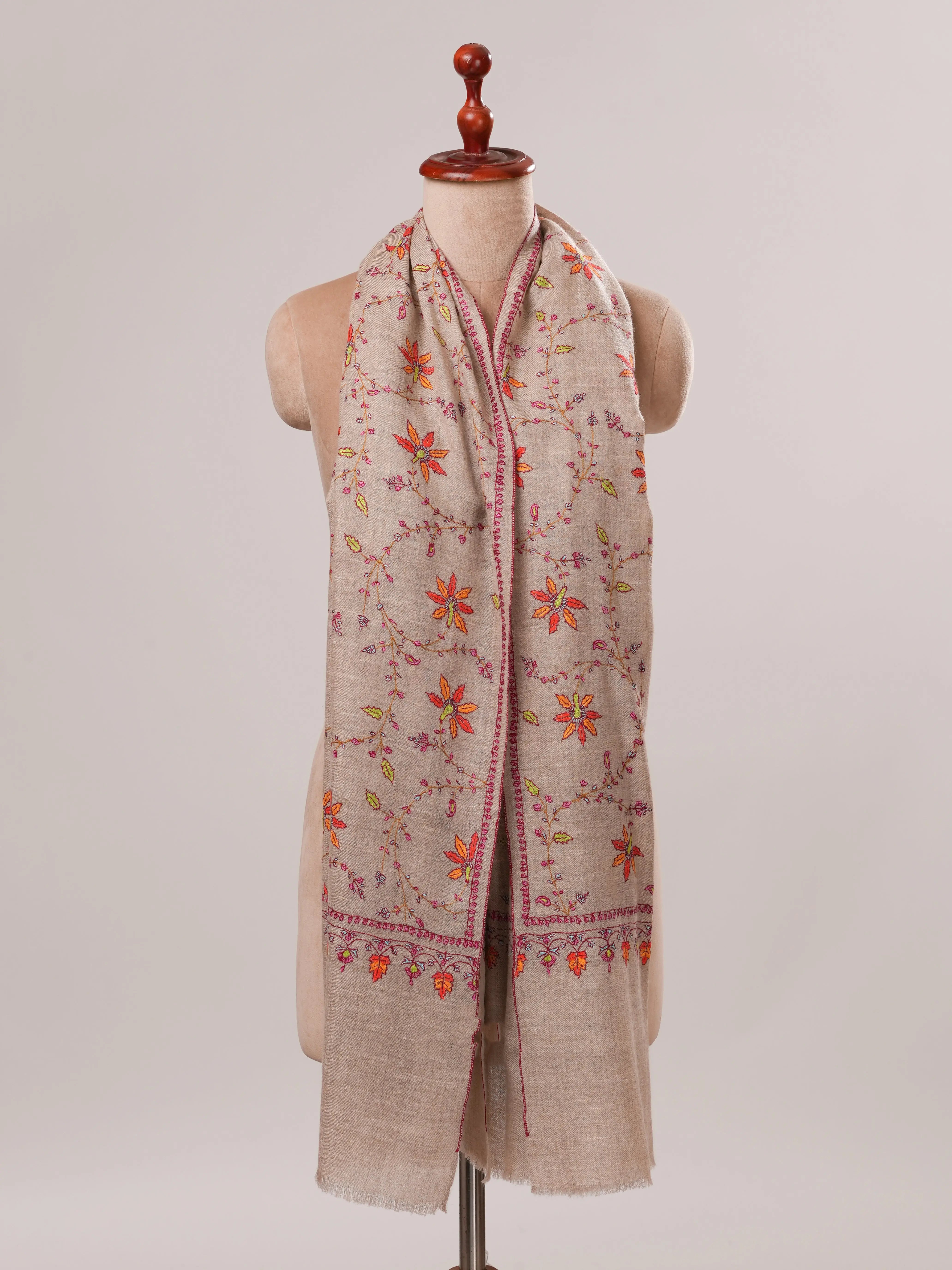 Natural Grey Cashmere Scarf with Floral Jali Hand Embroidery Shahkaar.com