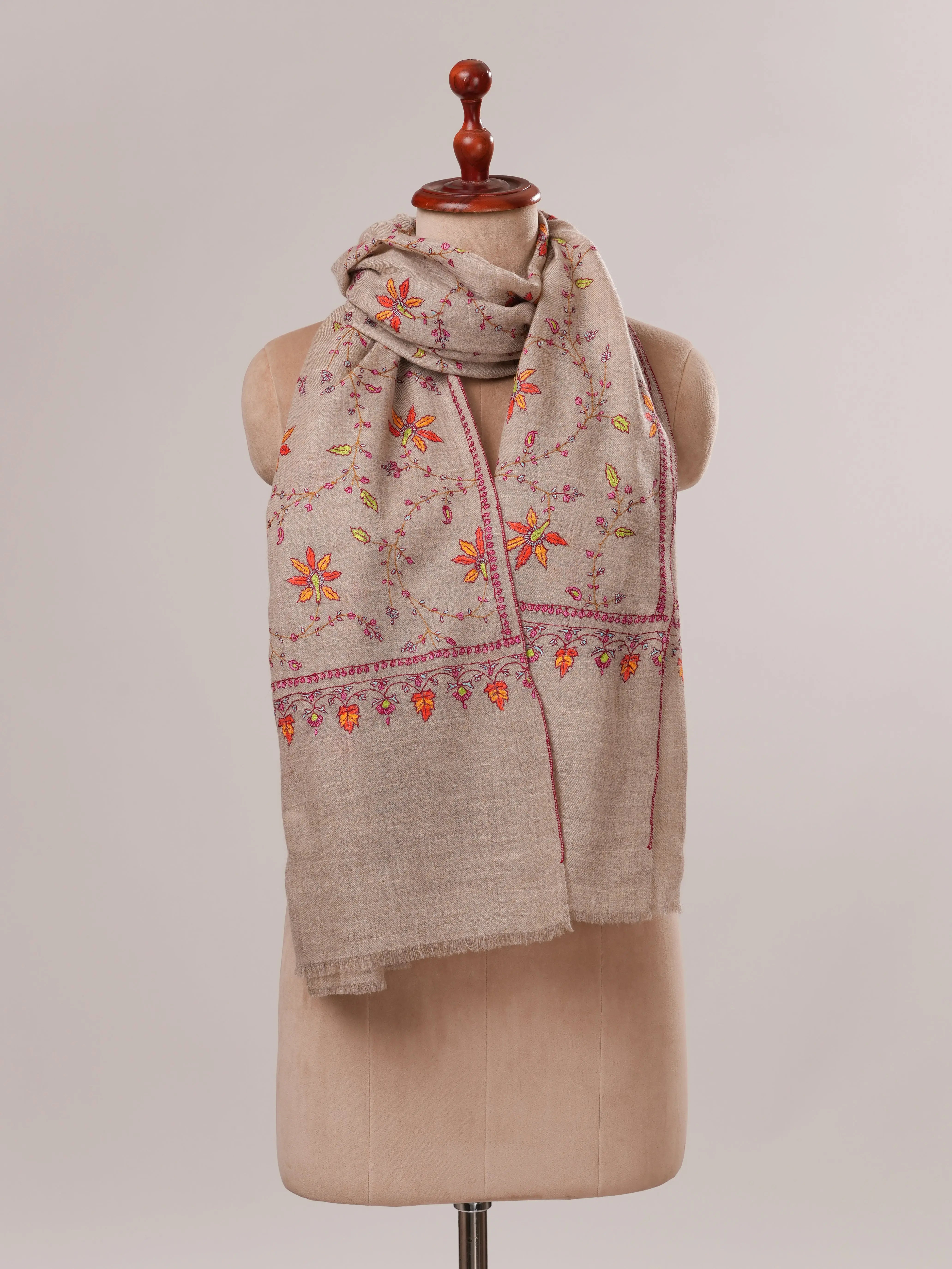 Natural Grey Cashmere Scarf with Floral Jali Hand Embroidery Shahkaar.com