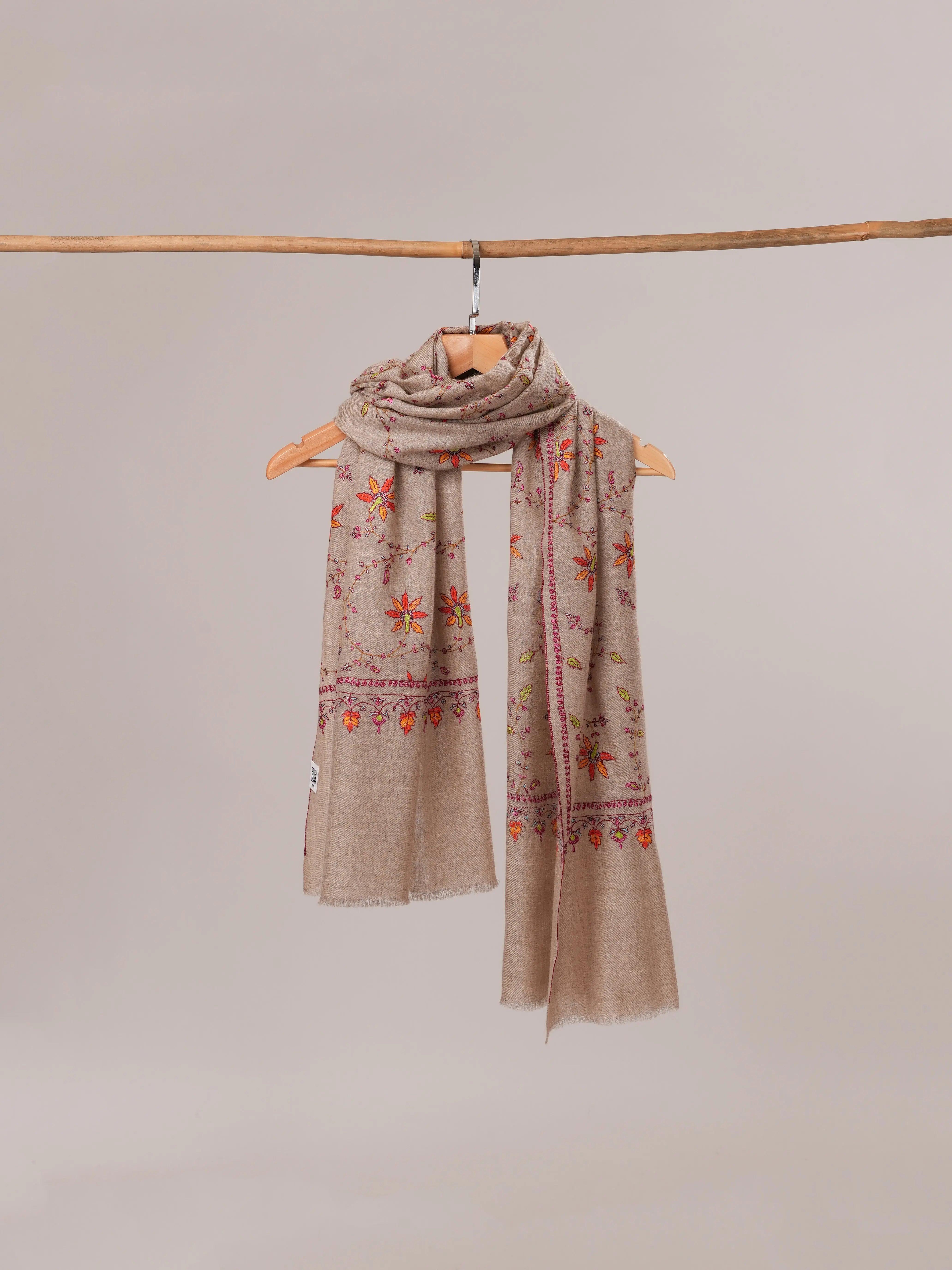 Natural Grey Cashmere Scarf with Floral Jali Hand Embroidery Shahkaar.com