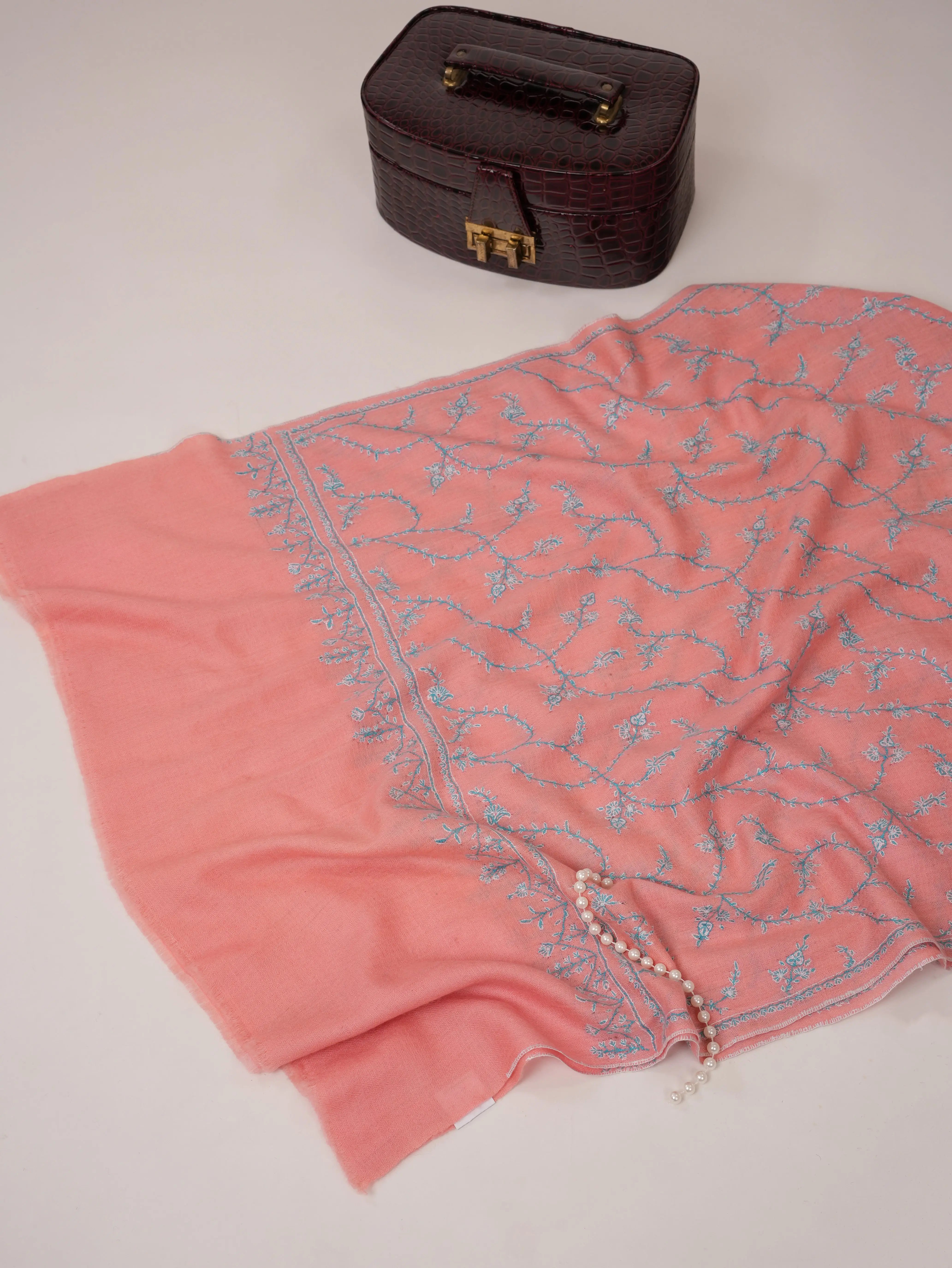 Pink Cashmere Scarf with All Over Jali Embroidery Shahkaar.com