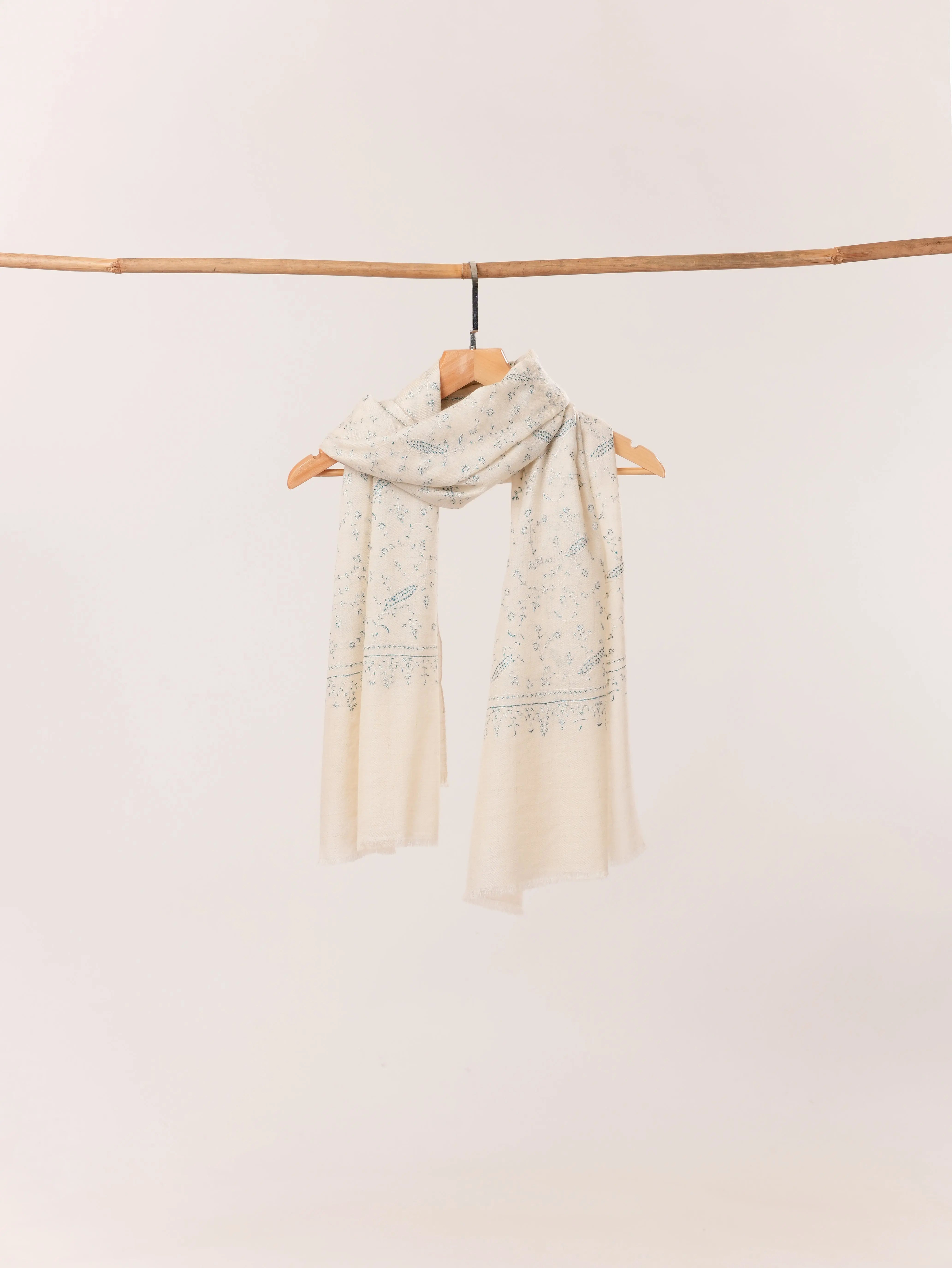 Natural White Kashmiri Handwoven Cashmere Scarf with Jali Sozni Embroidery Shahkaar.com