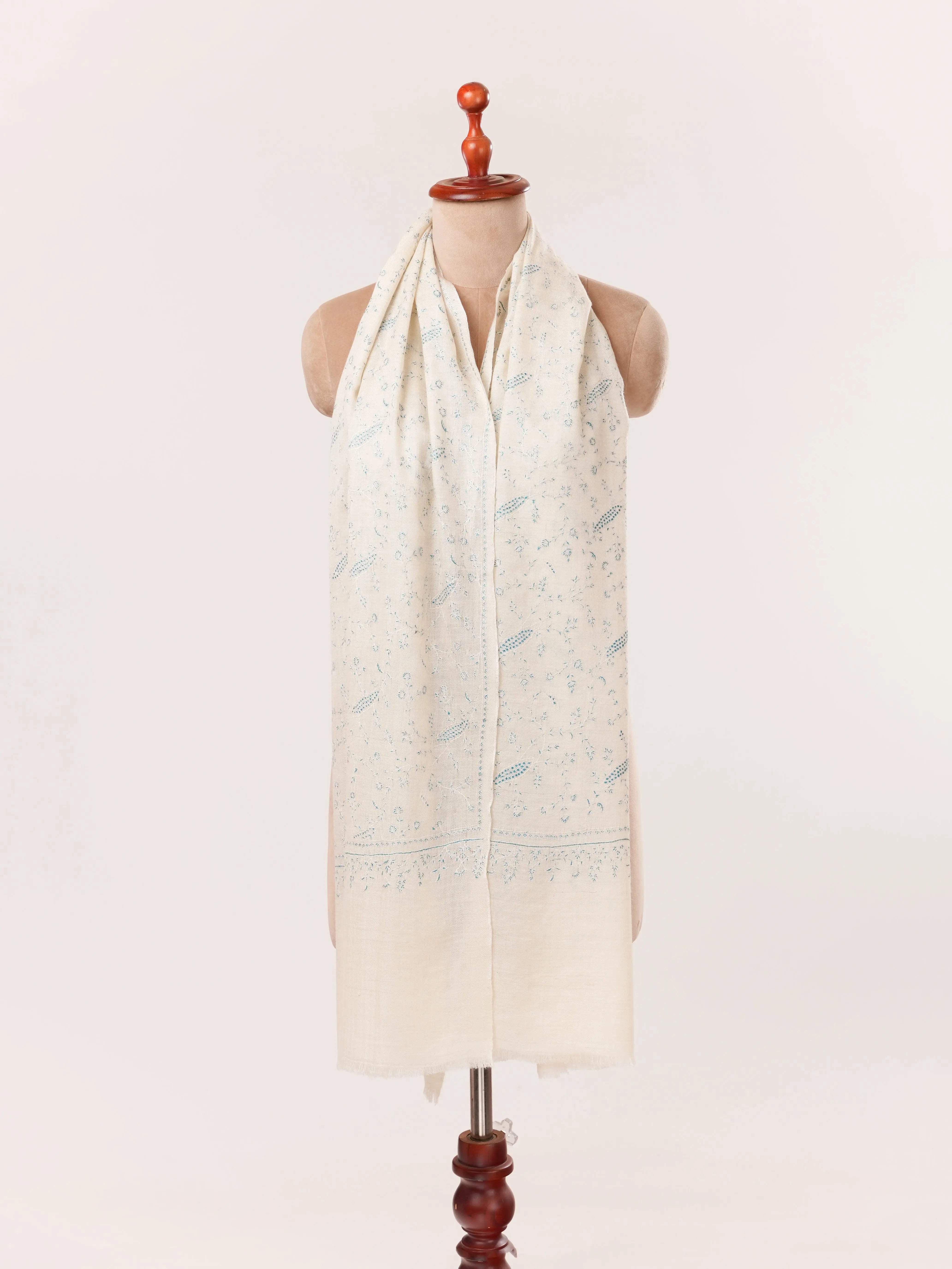 Natural White Kashmiri Handwoven Cashmere Scarf with Jali Sozni Embroidery Shahkaar.com