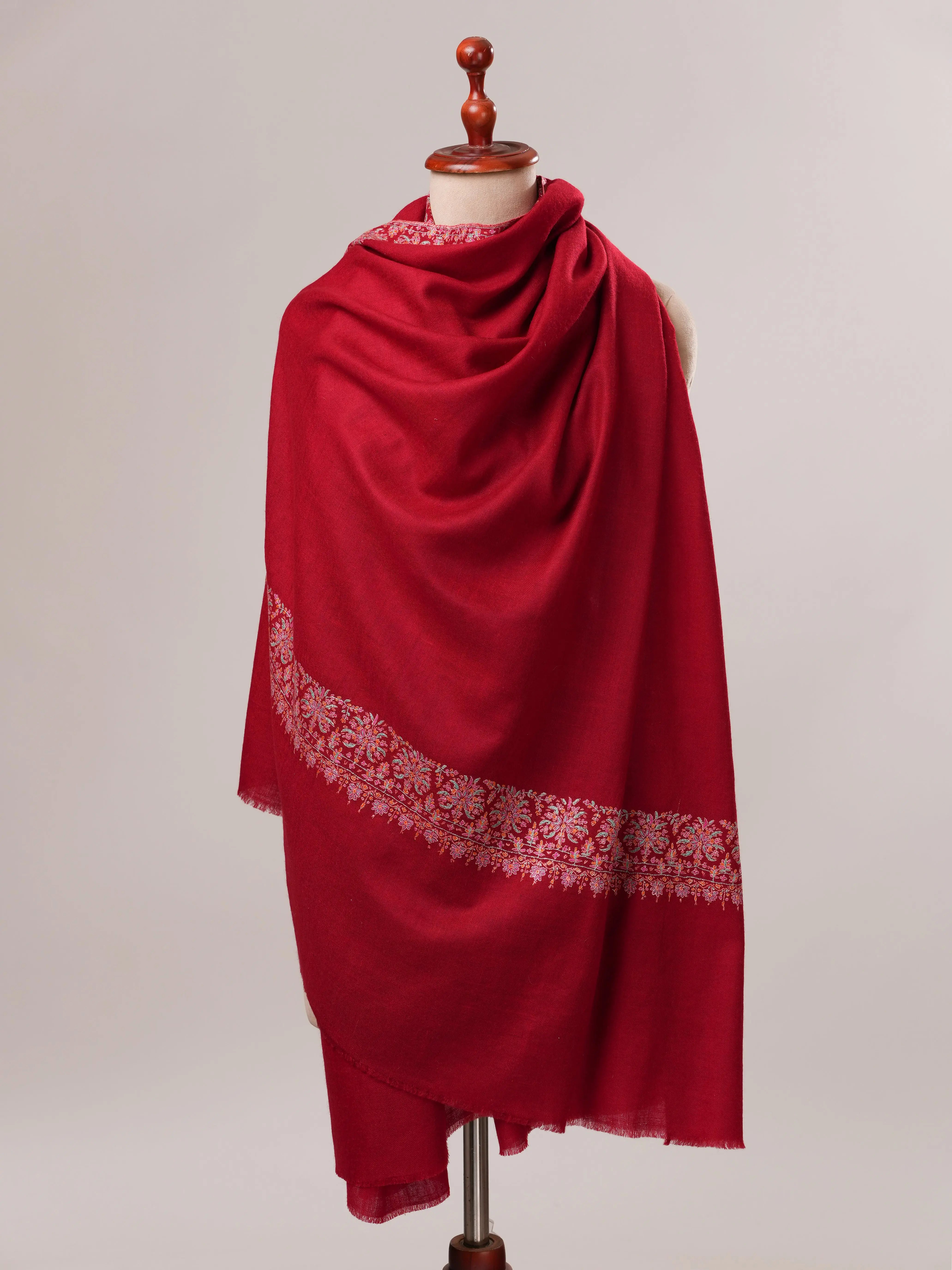Red Neemdaur Hand Embroidered Pure Pashmina Shahkaar Shawl Shahkaar.com