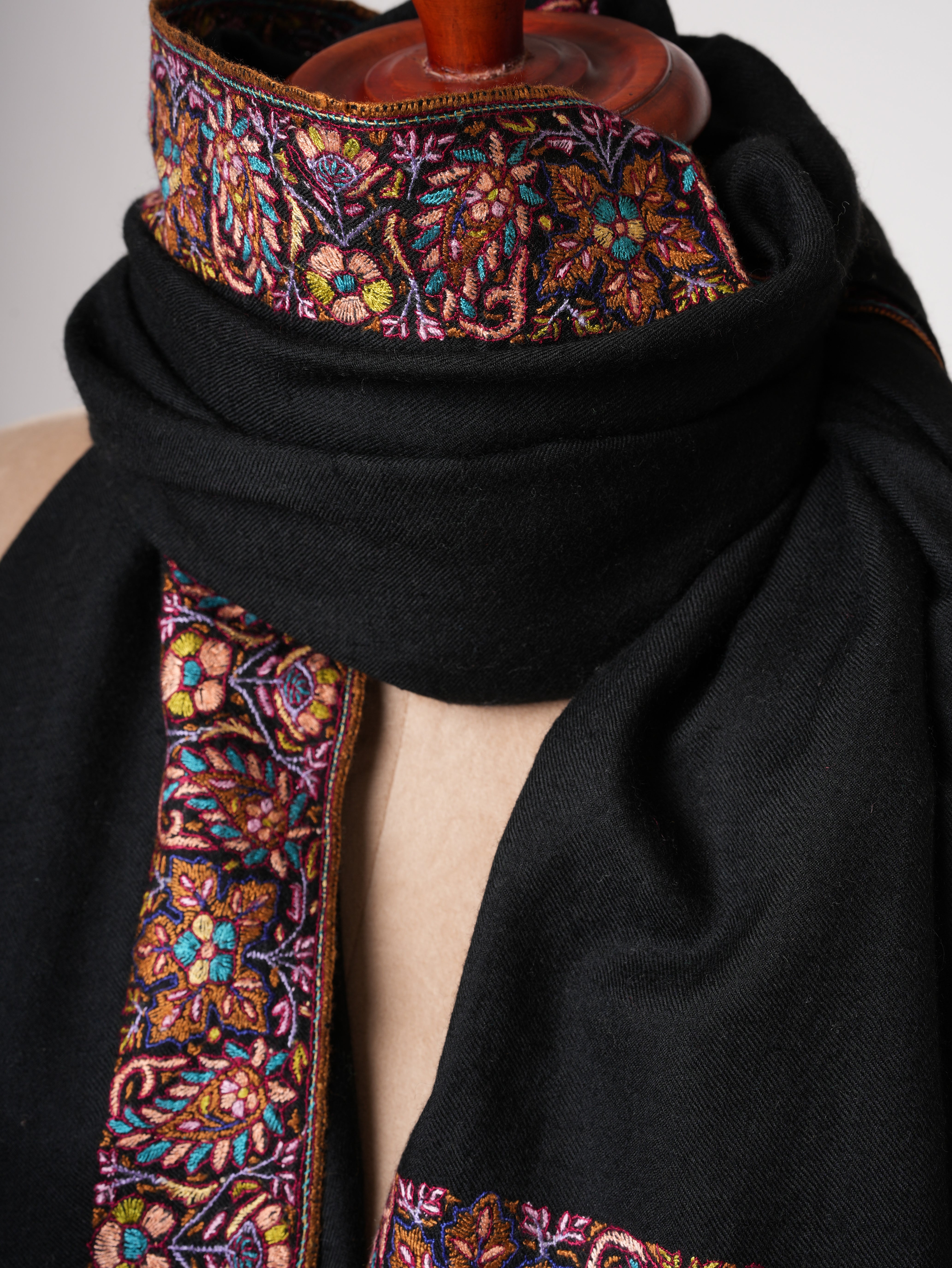 Jet Black Embroidered Luxurious Kashmiri Pashmina Shawl – Authentic Artisan Wrap
