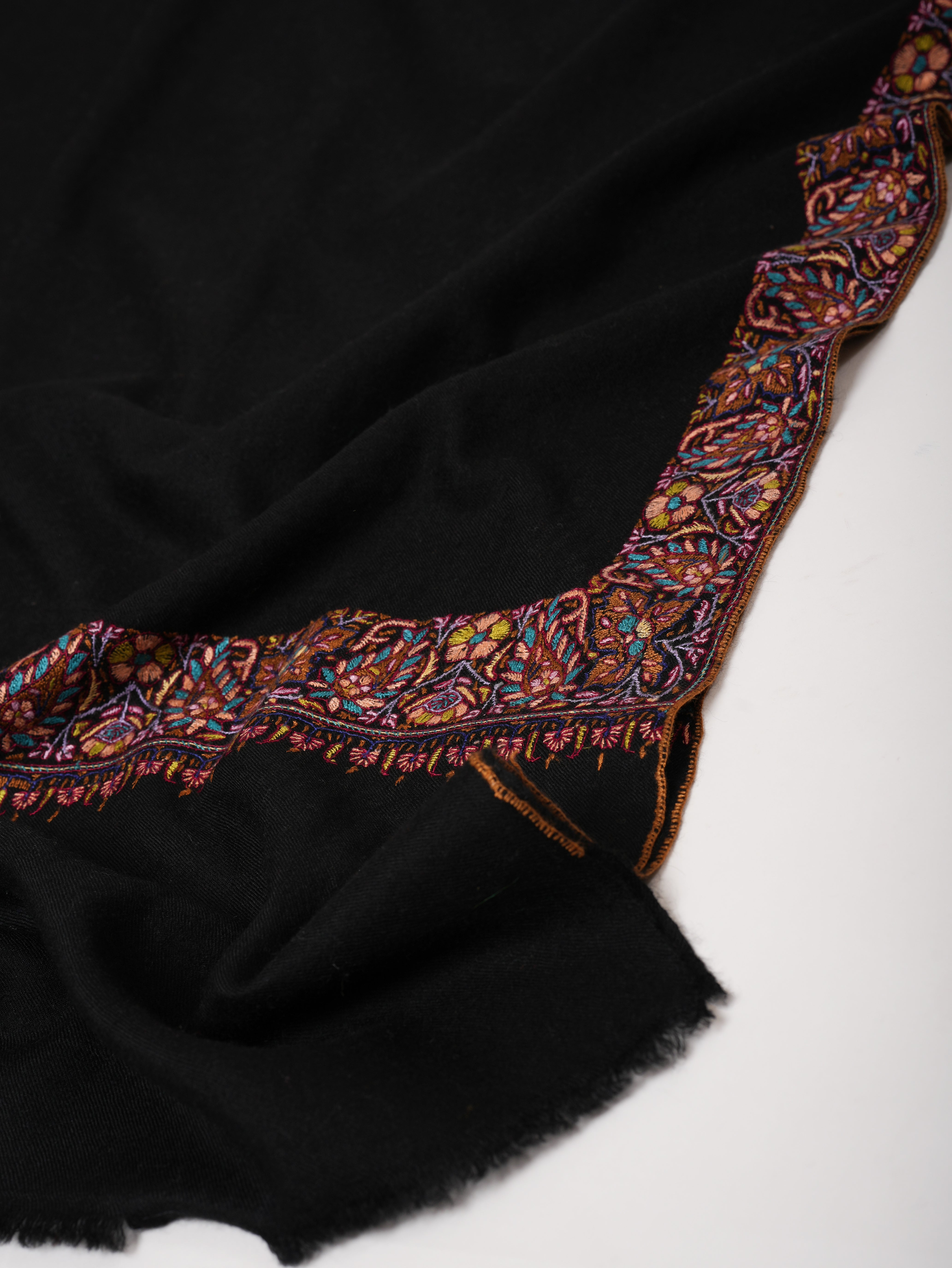 Jet Black Embroidered Luxurious Kashmiri Pashmina Shawl – Authentic Artisan Wrap