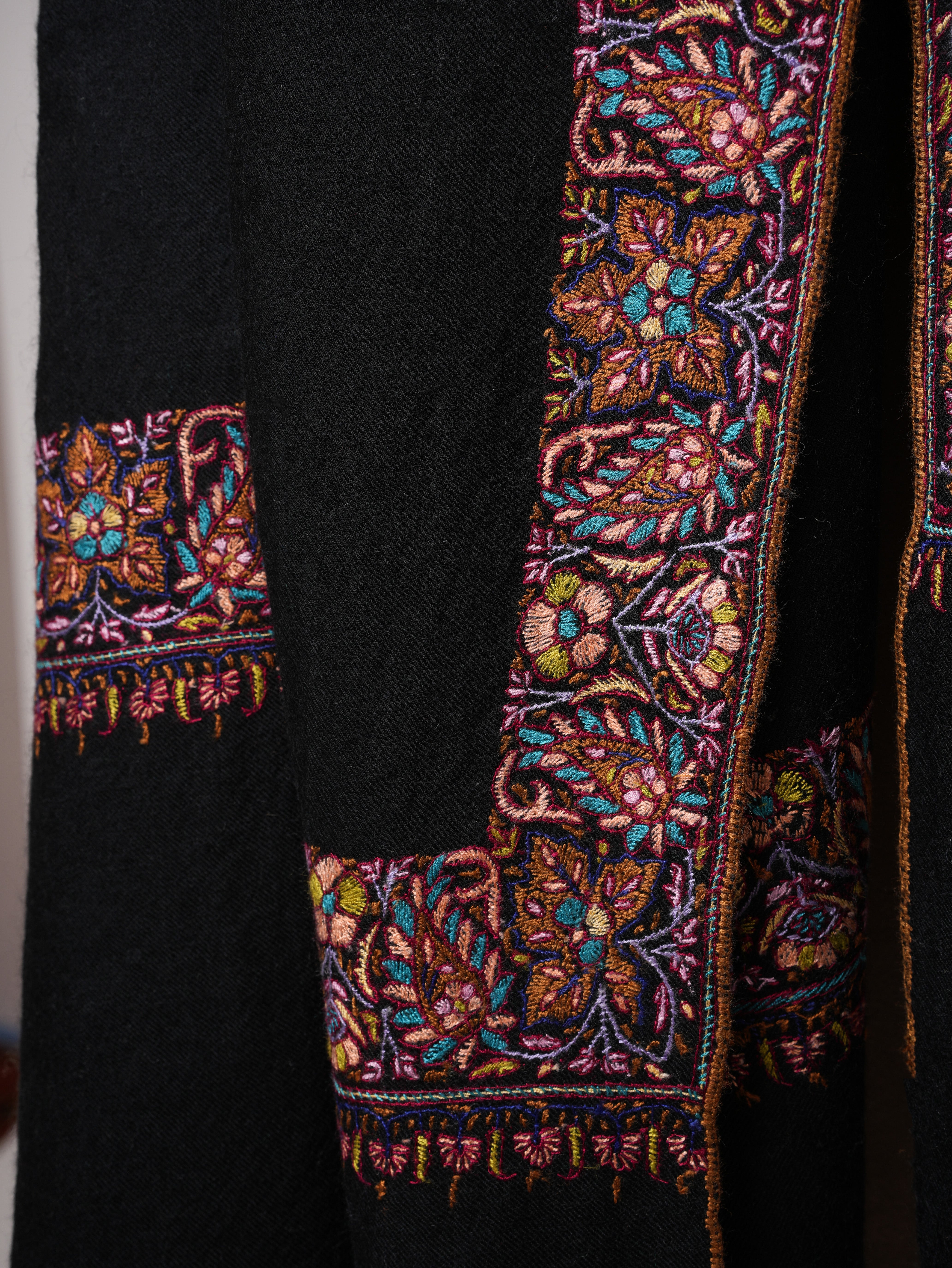 Jet Black Embroidered Luxurious Kashmiri Pashmina Shawl – Authentic Artisan Wrap