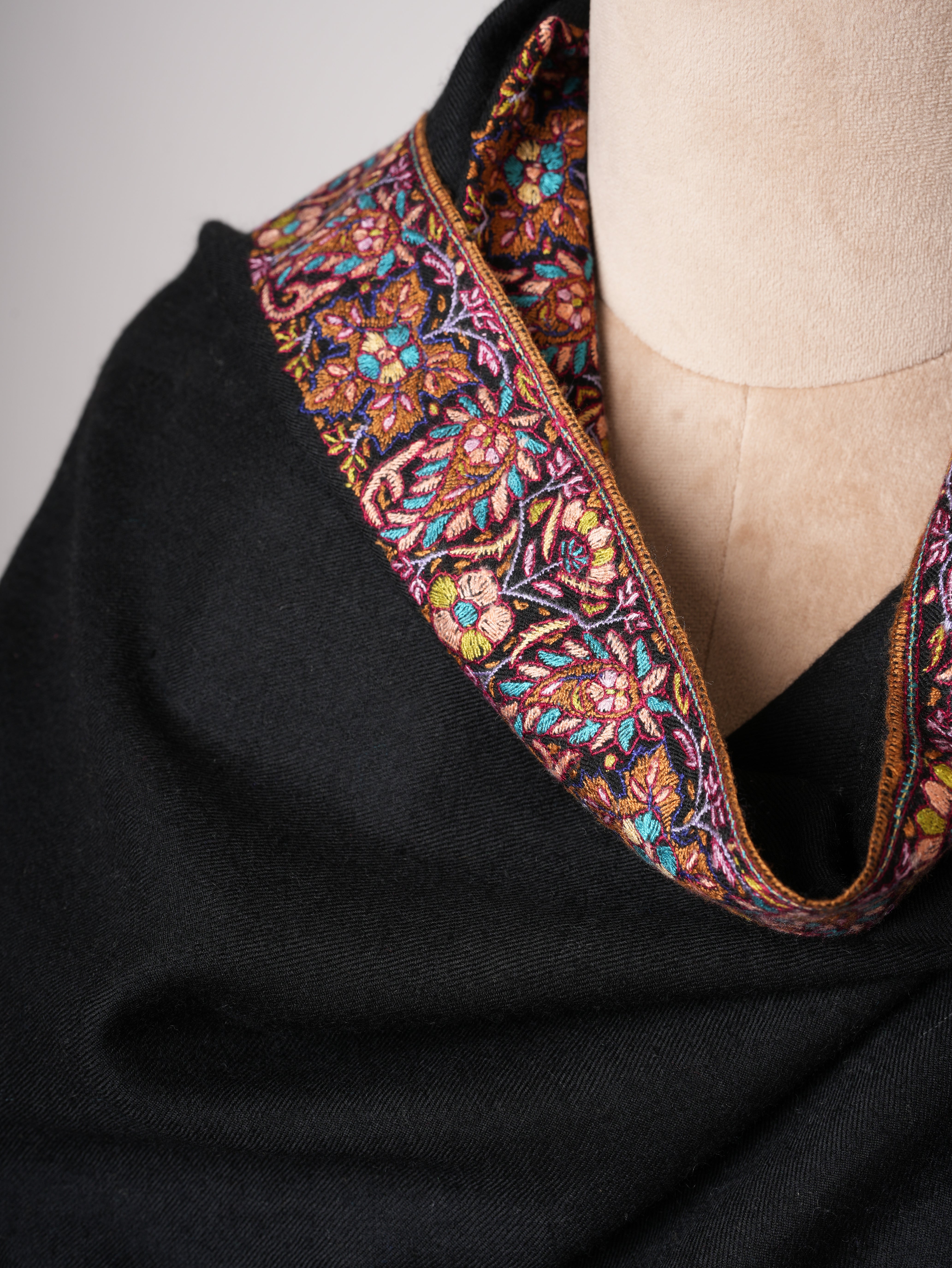 Jet Black Embroidered Luxurious Kashmiri Pashmina Shawl – Authentic Artisan Wrap