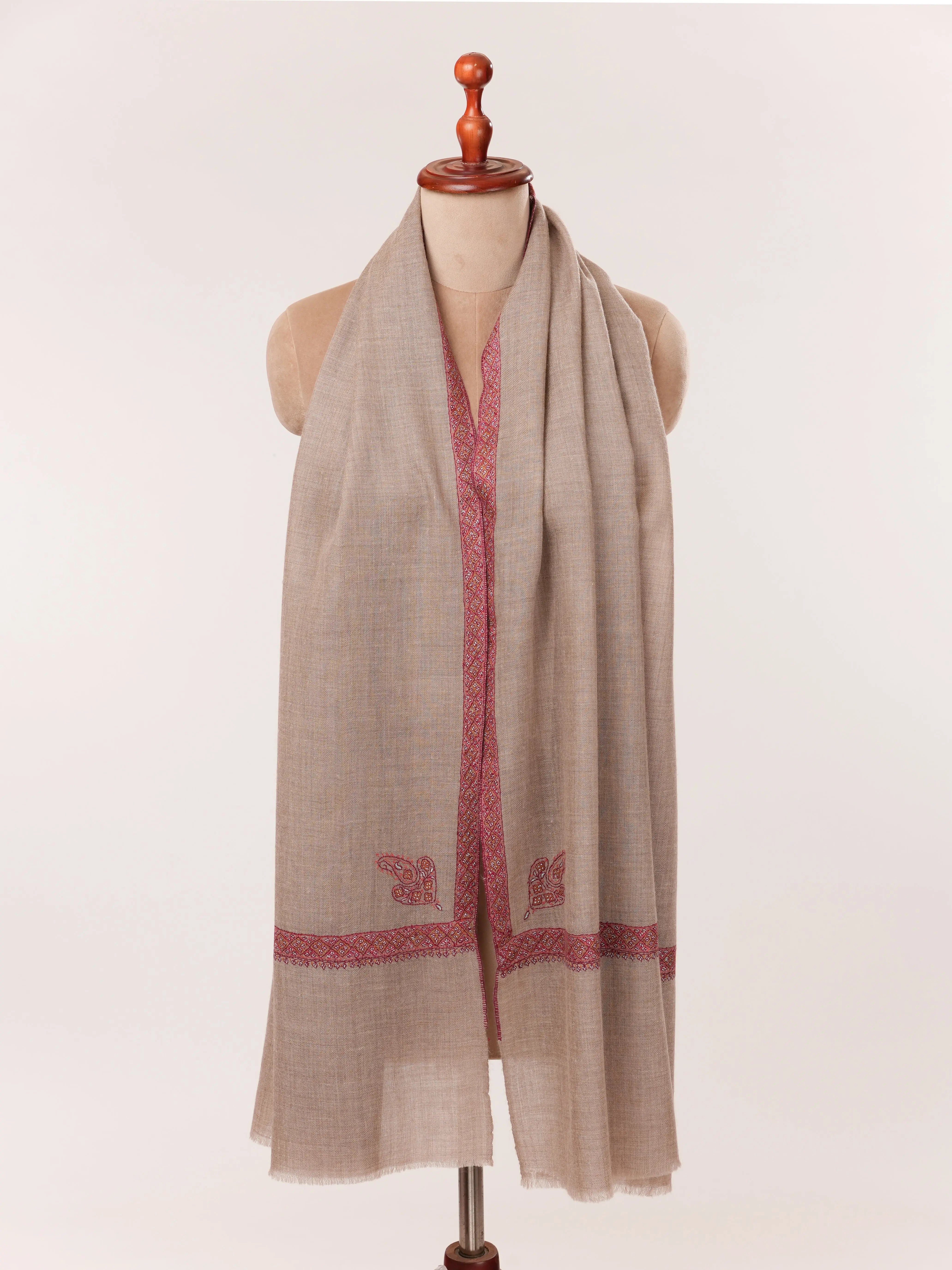Natural Taupe Featherlight Cashmere Scarf with Hashia Hand Embroidery Shahkaar.com