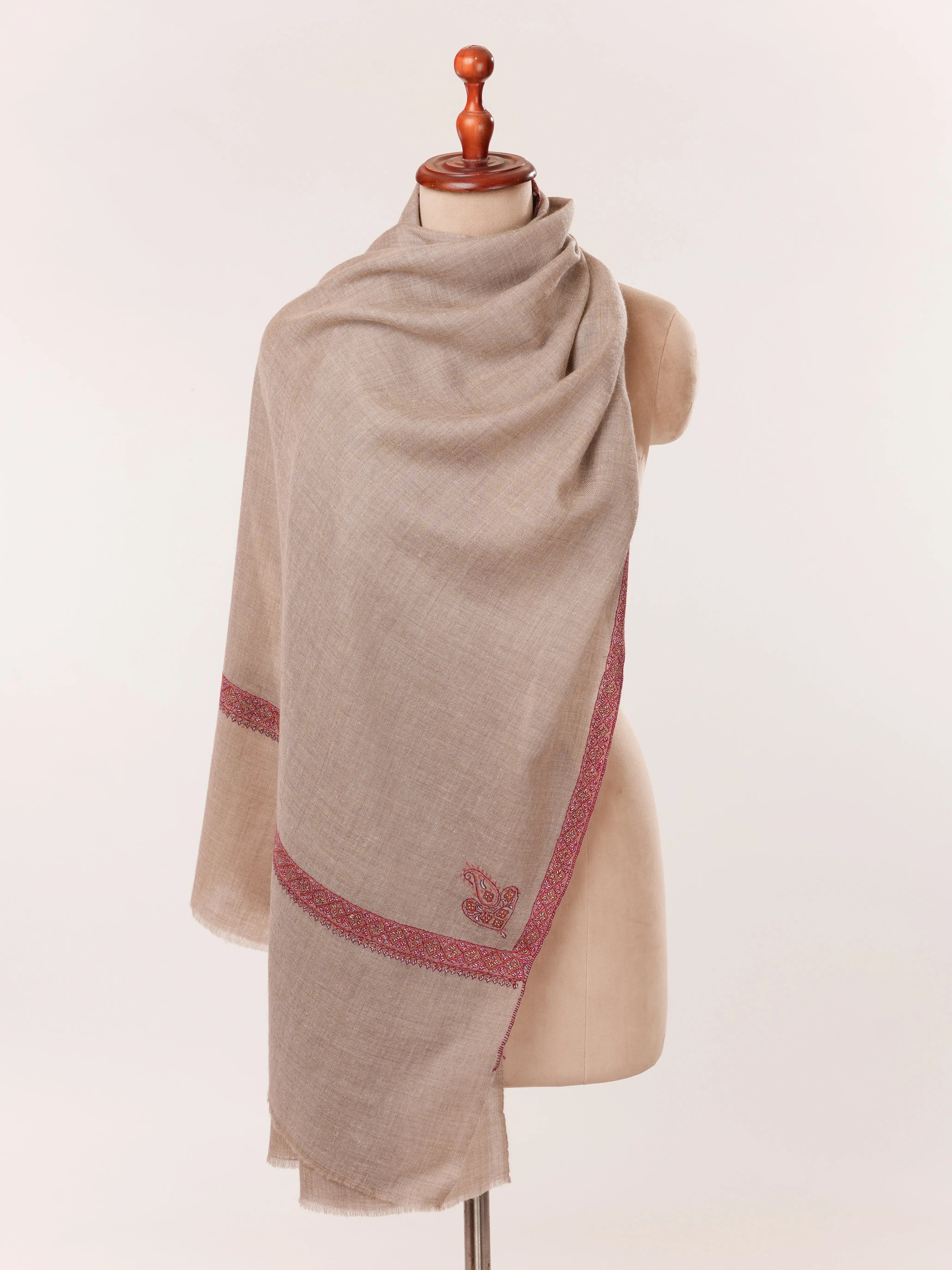 Natural Taupe Featherlight Cashmere Scarf with Hashia Hand Embroidery Shahkaar.com