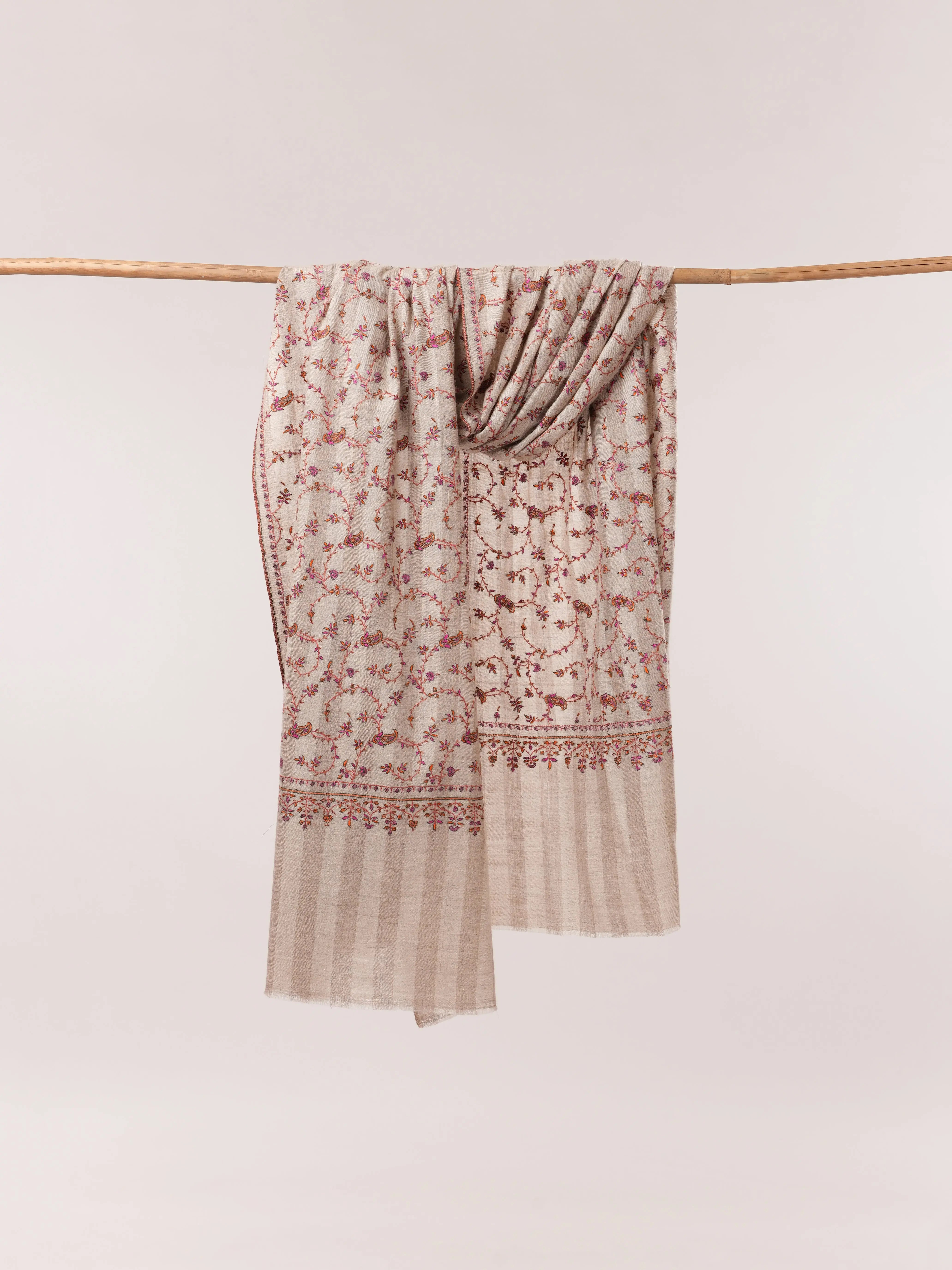 Natural White and Taupe Striped Hand Embroidered Pashmina Shawl Shahkaar.com