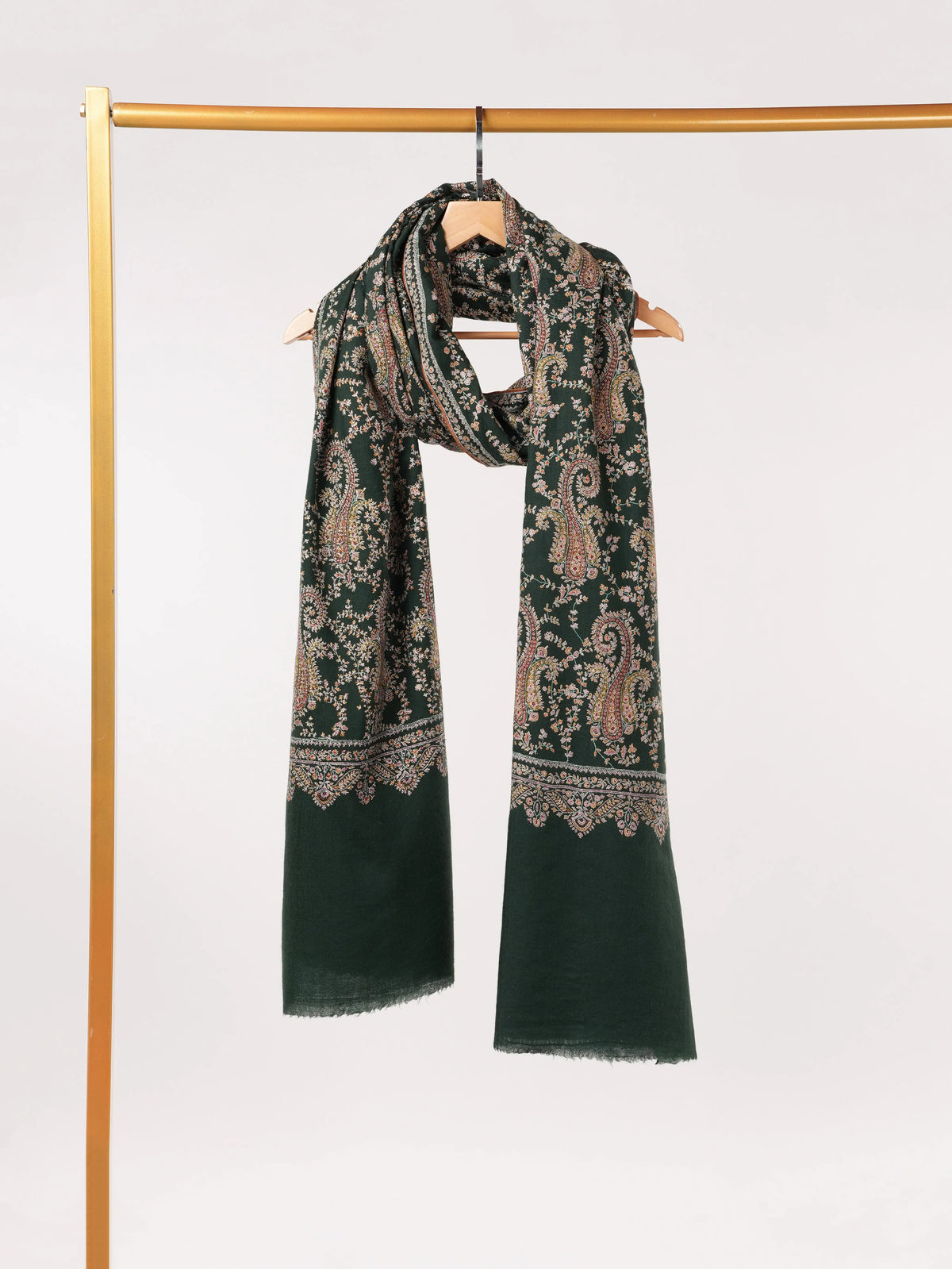 Forest Green Handwoven Oversized Pashmina Shawl with Hand Embroidery