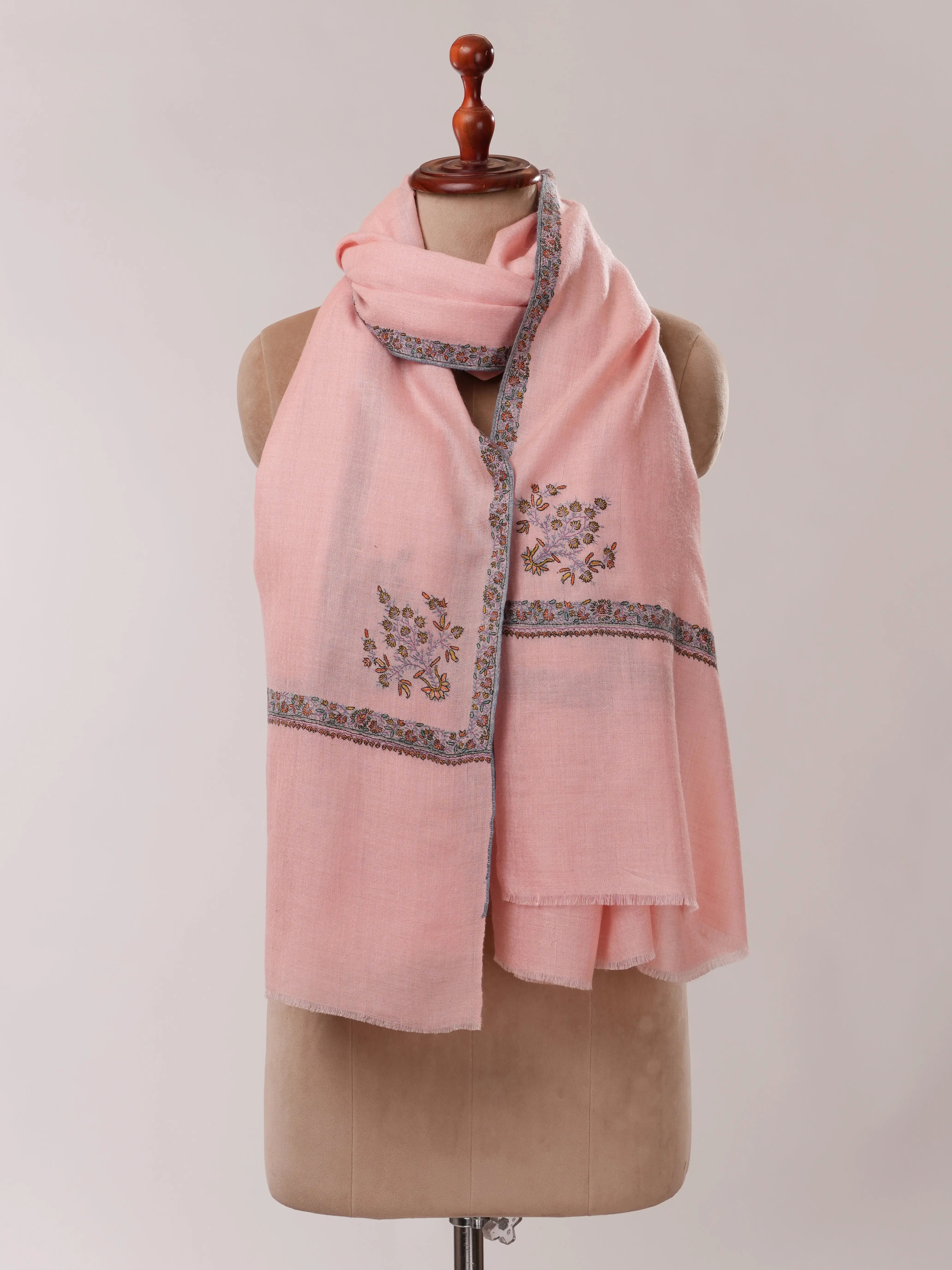 Baby Pink Pashmina Shawl with Hashia Hand Embroidery Shahkaar.com
