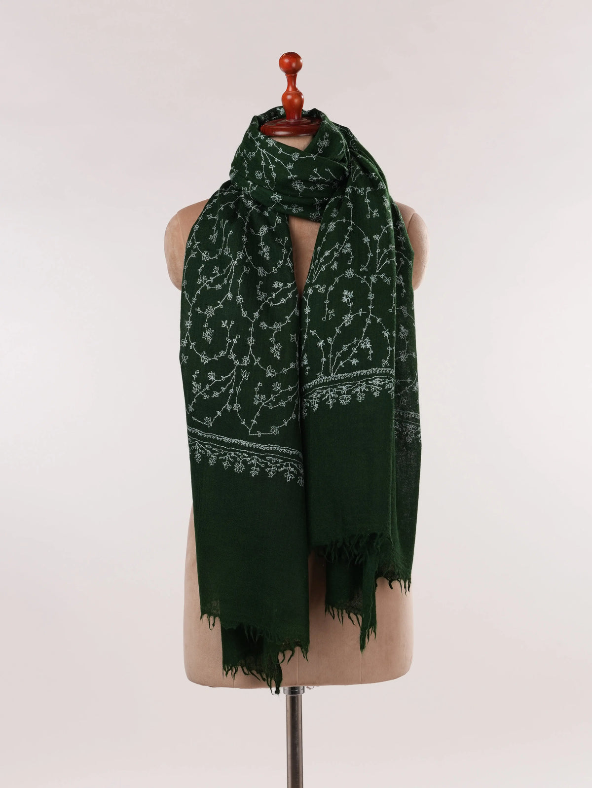 Dark Green Pure Boiled Wool Shawl with Jali Hand Sozni Embroidery Shahkaar.com