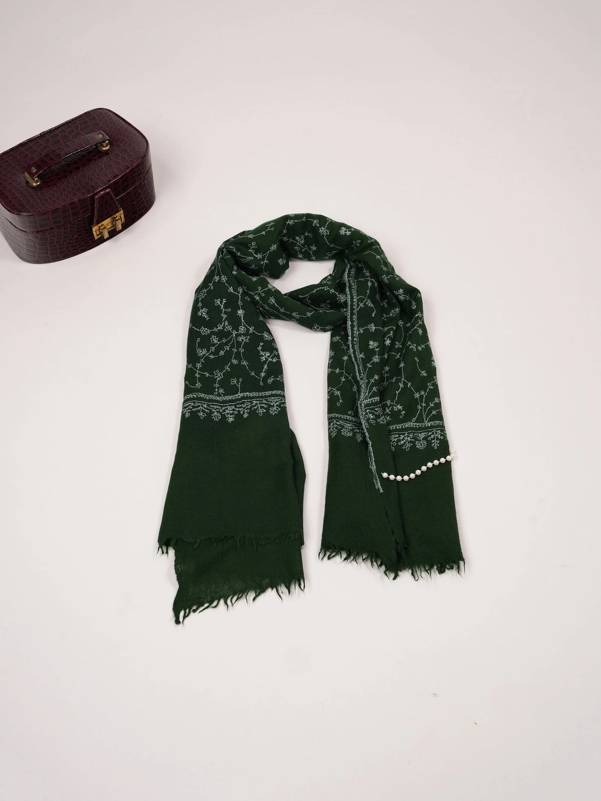 Dark Green Pure Boiled Wool Shawl with Jali Hand Sozni Embroidery Shahkaar.com
