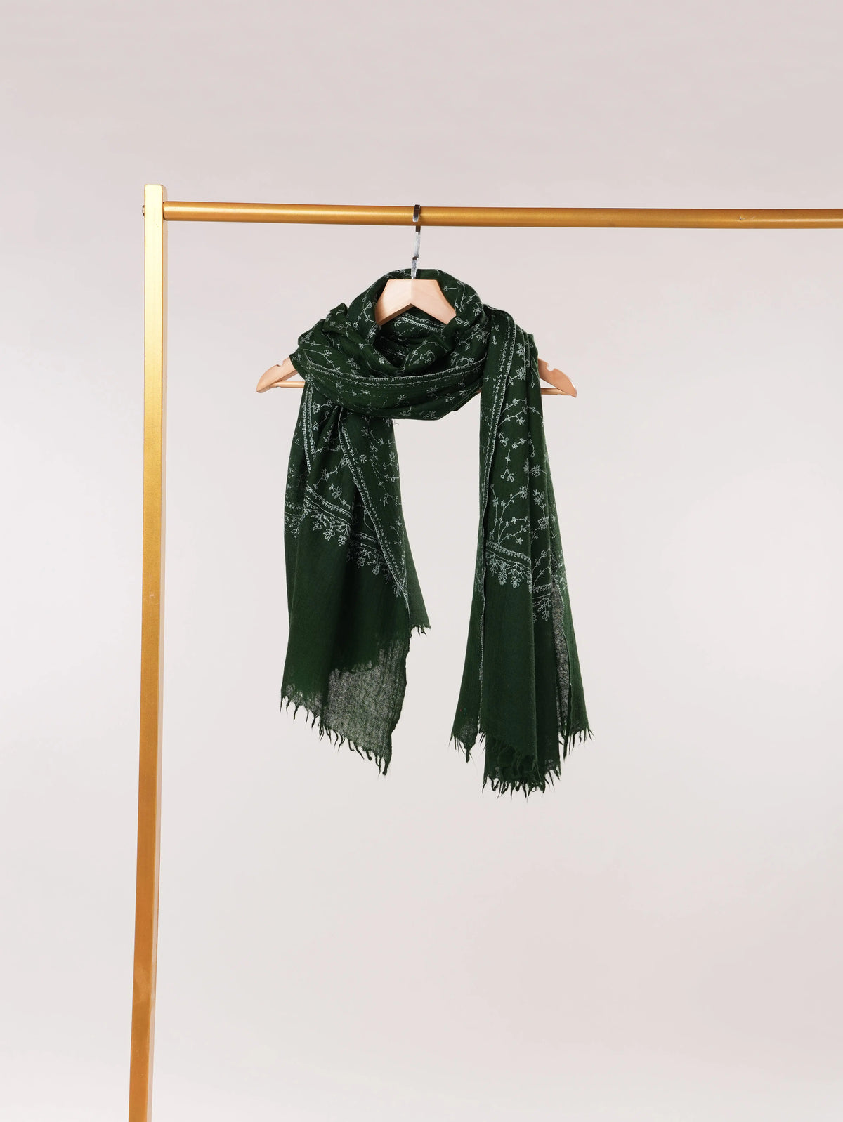 Dark Green Pure Boiled Wool Shawl with Jali Hand Sozni Embroidery Shahkaar.com