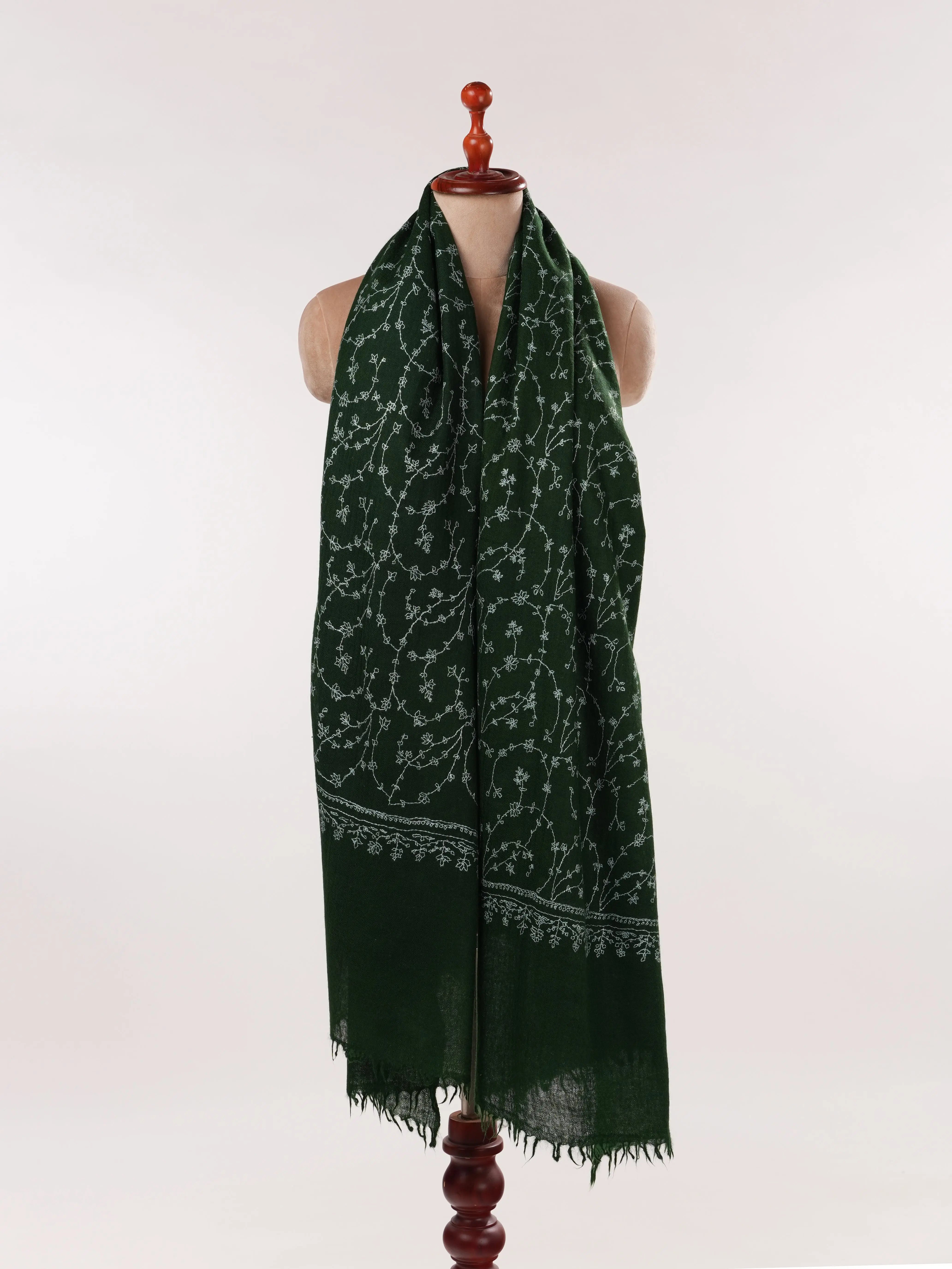 Dark Green Pure Boiled Wool Shawl with Jali Hand Sozni Embroidery Shahkaar.com