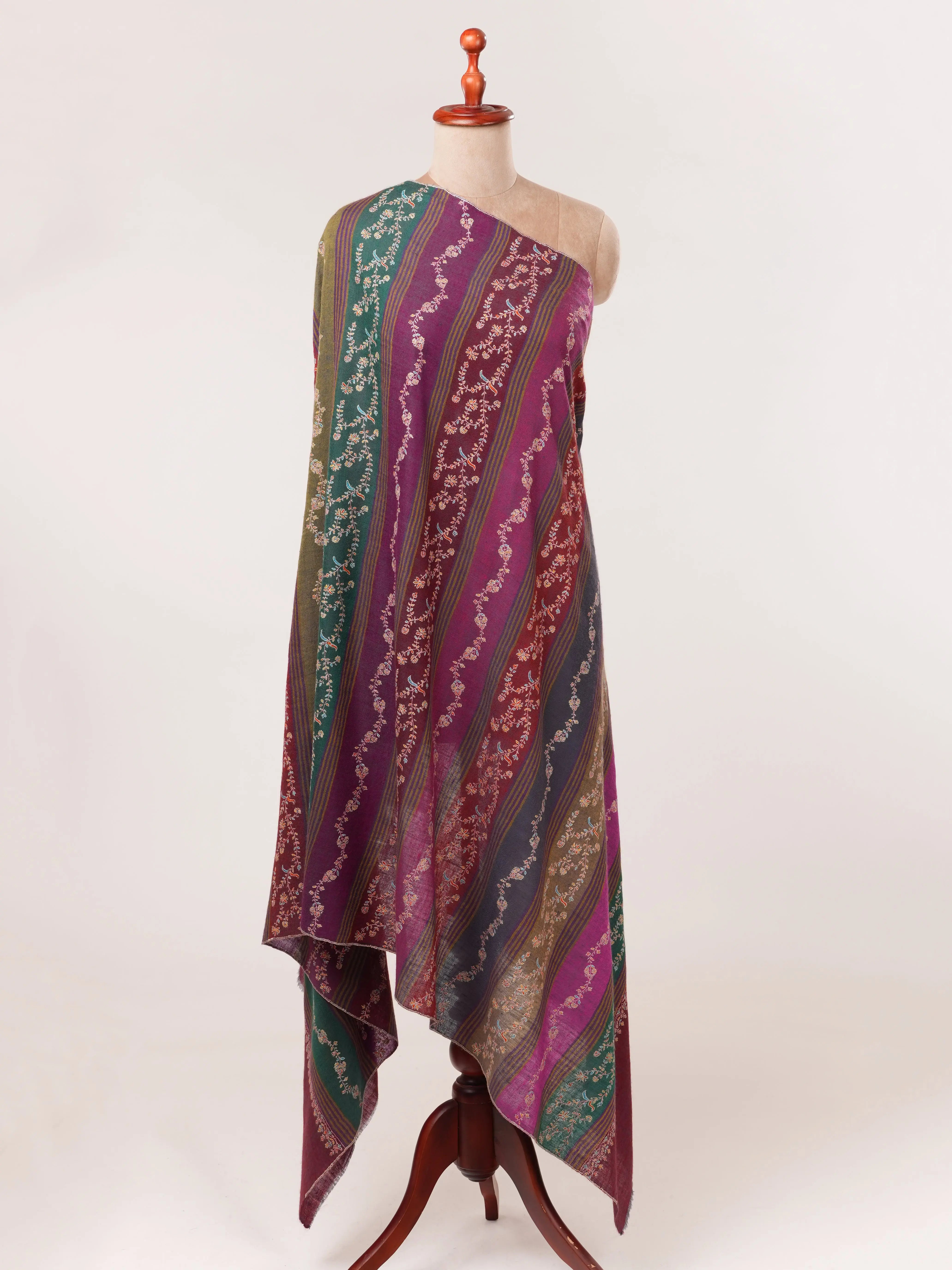 Featherlight Striped Hand Embroidered Authentic Pashmina Shawl Shahkaar.com