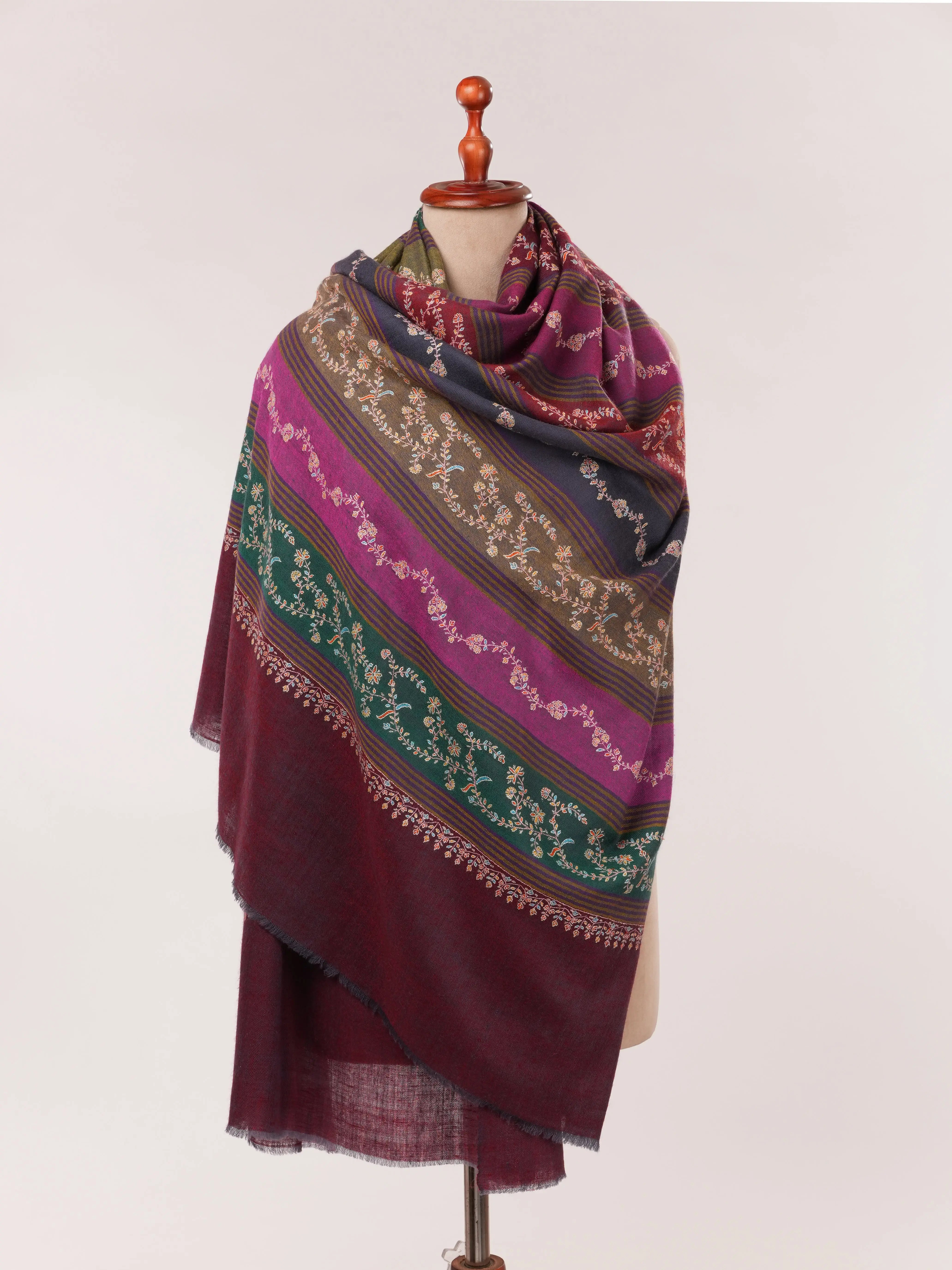 Featherlight Striped Hand Embroidered Authentic Pashmina Shawl Shahkaar.com