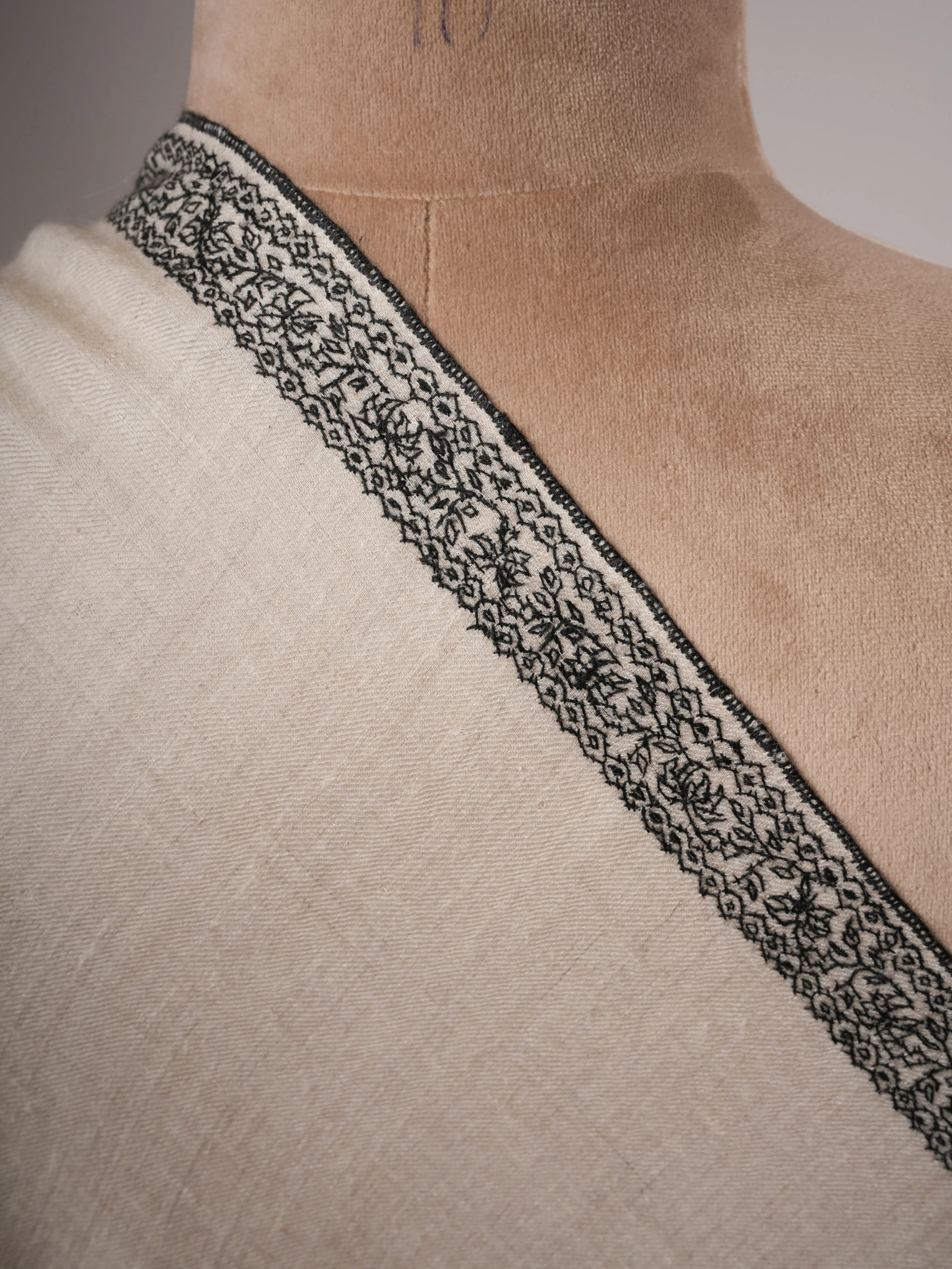 Ivory Baby Soft Pashmina Shawl – Hand Embroidered Black Palla Border Shahkaar