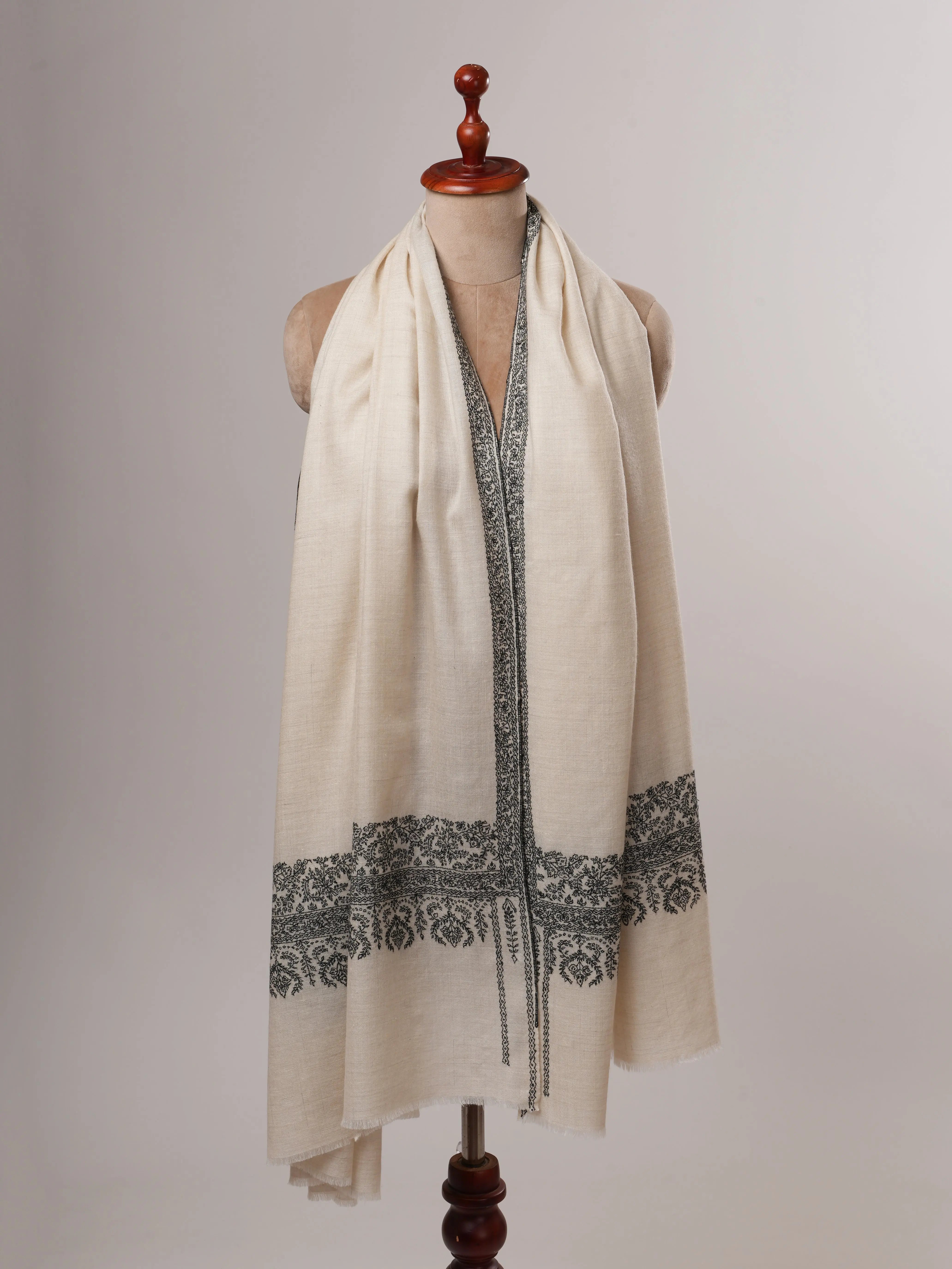 Ivory Baby Soft Pashmina Shawl – Hand Embroidered Black Palla Border Shahkaar