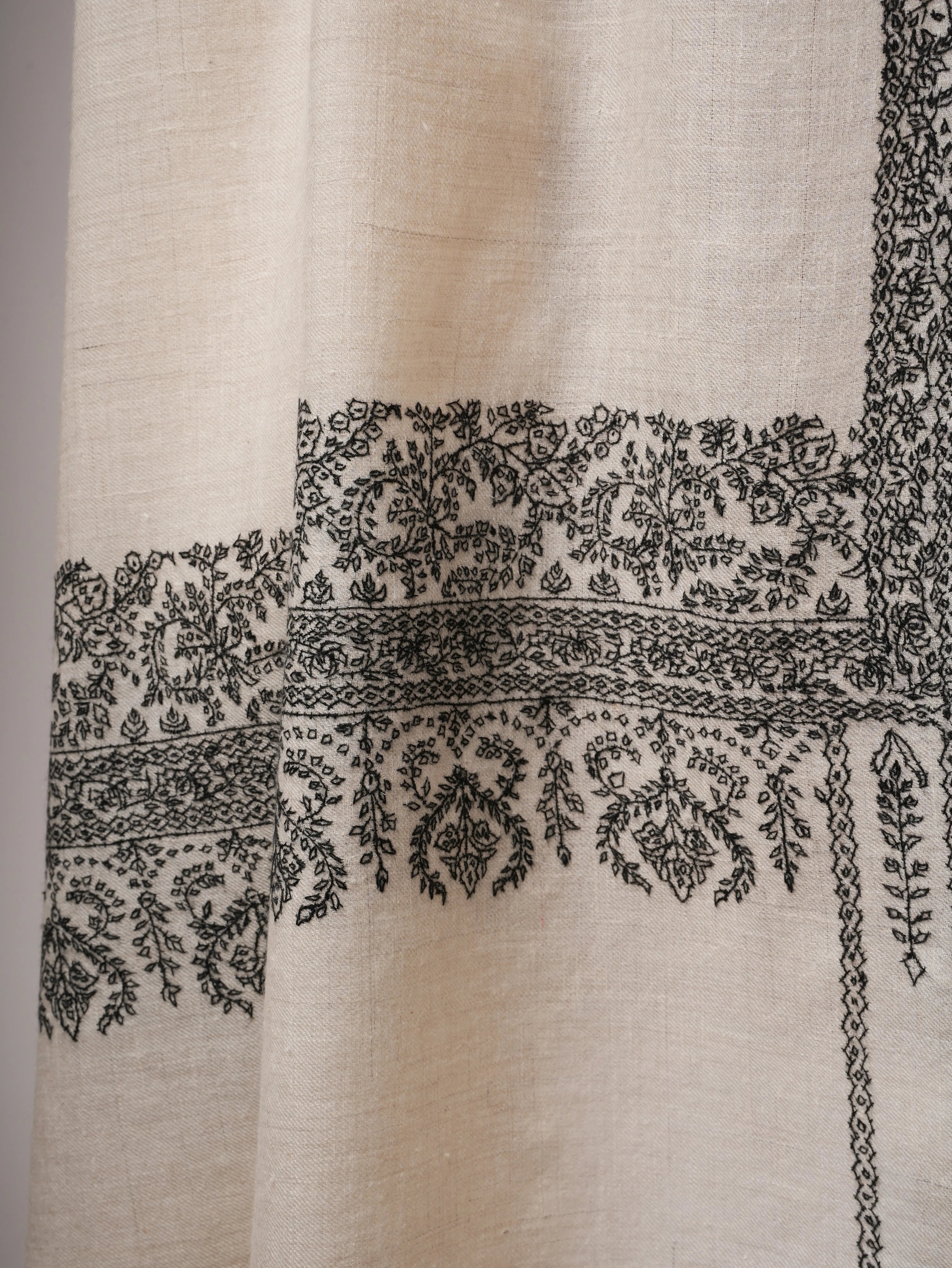 Ivory Baby Soft Pashmina Shawl – Hand Embroidered Black Palla Border Shahkaar