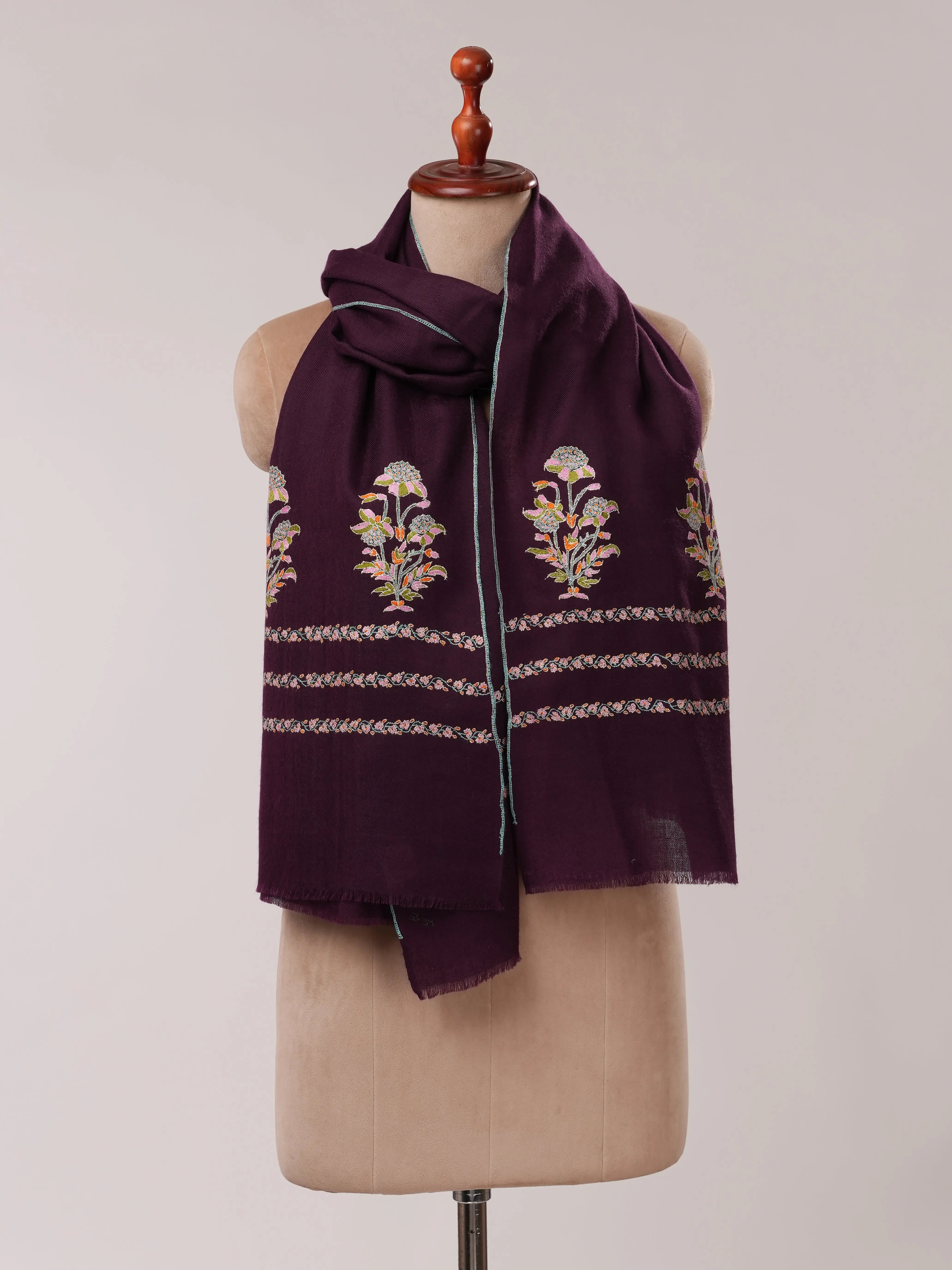 Wine Cashmere Scarf with Palla Sozni Mughal Hand Embroidery Shahkaar.com
