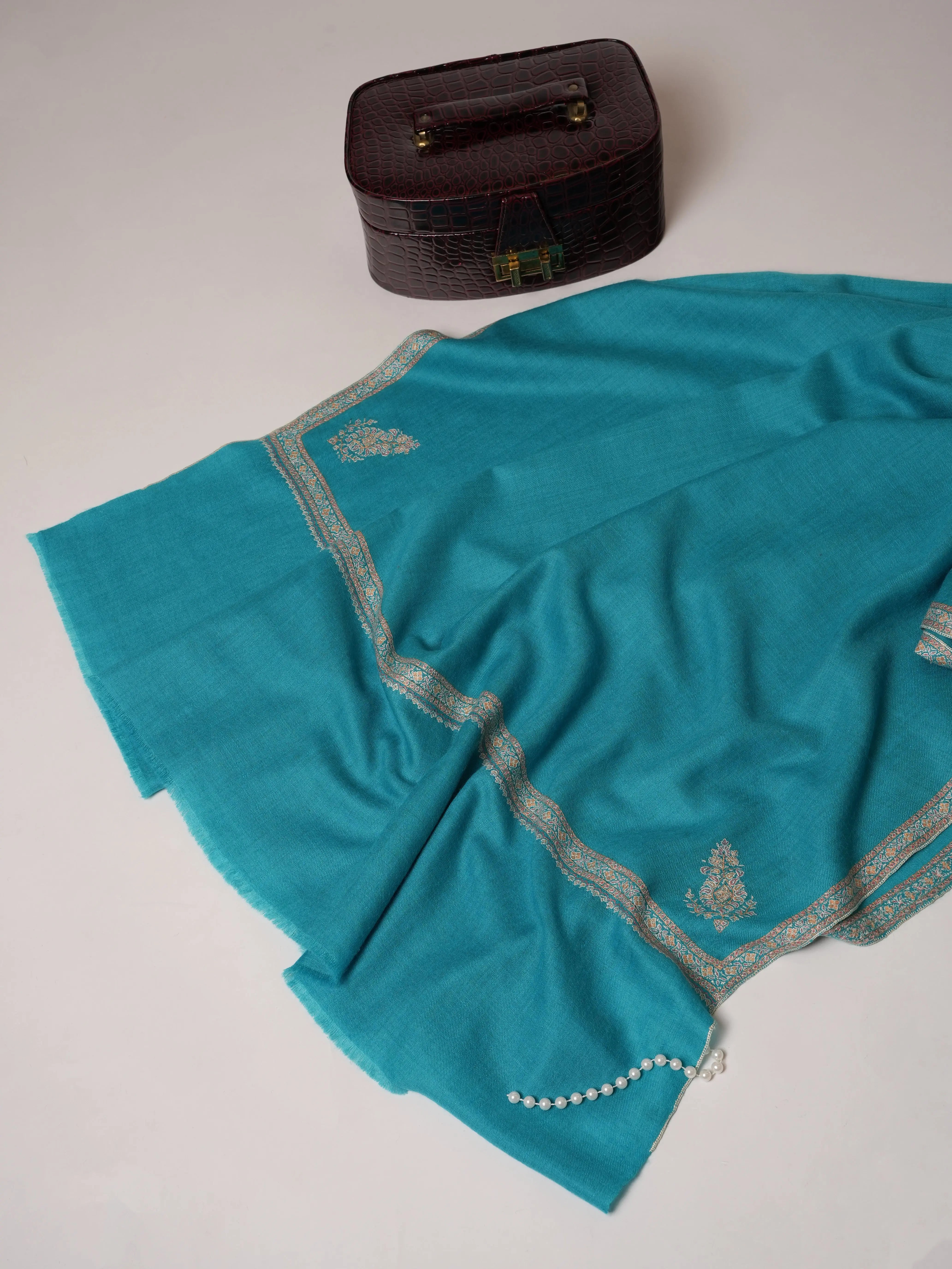 Turquoise Pashmina Shawl with Hashia Hand Embroidery Shahkaar.com