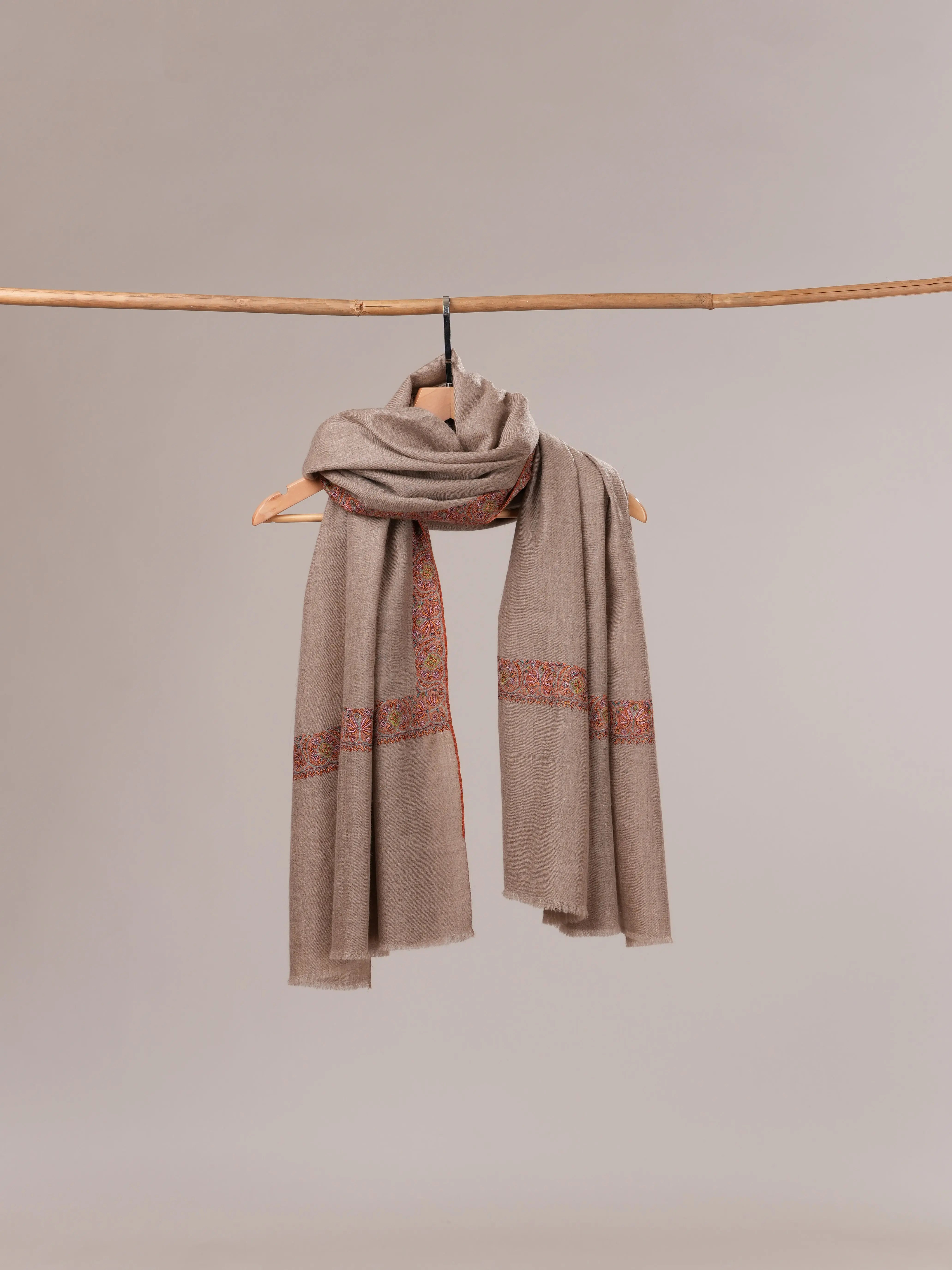 Natural Grey Pashmina Shawl with Neemdaur Border Hand Embroidery Shahkaar.com