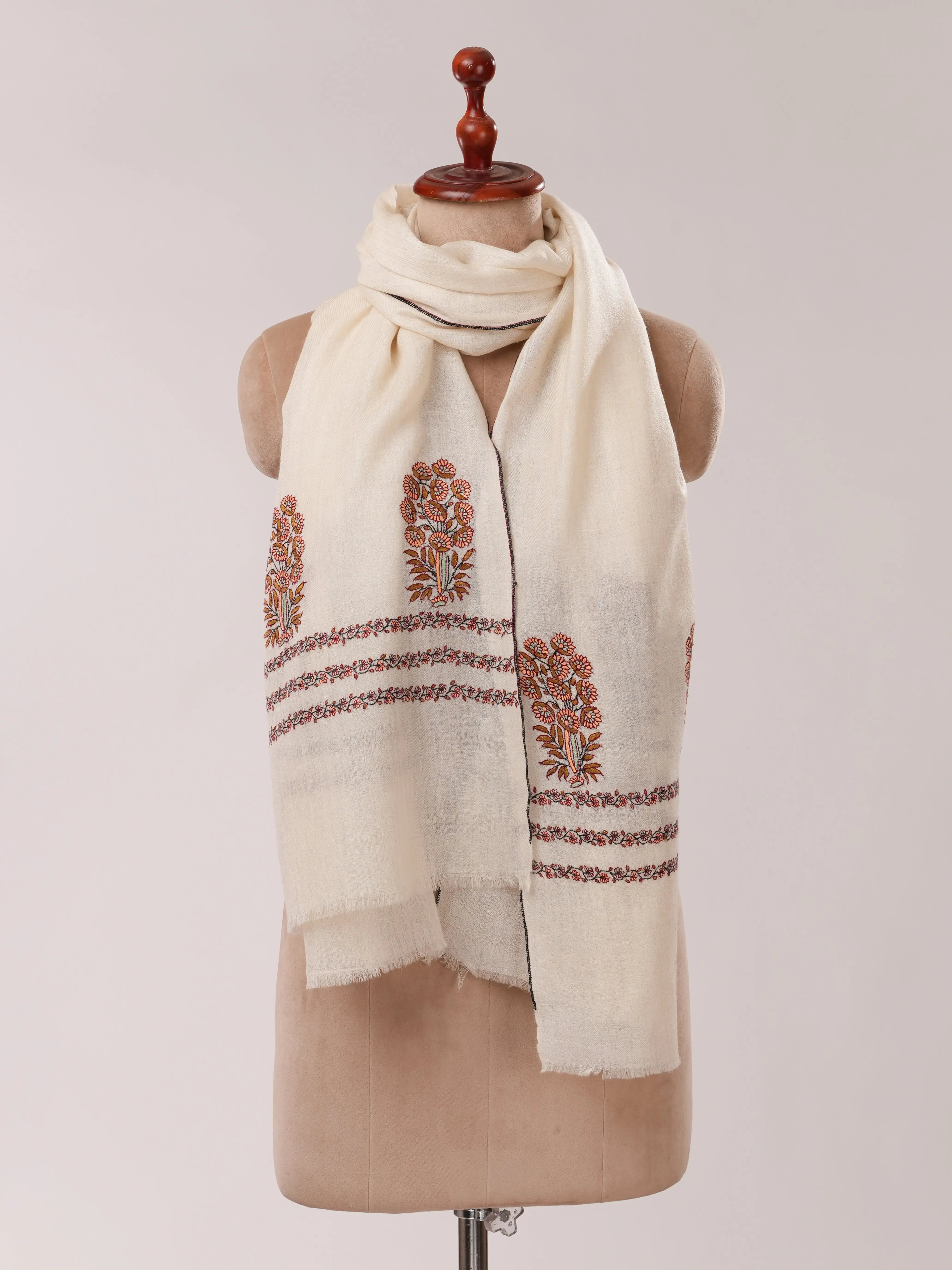 Ivory Baby Soft Cashmere Scarf with Mughal Palla Hand Embroidery Shahkaar.com