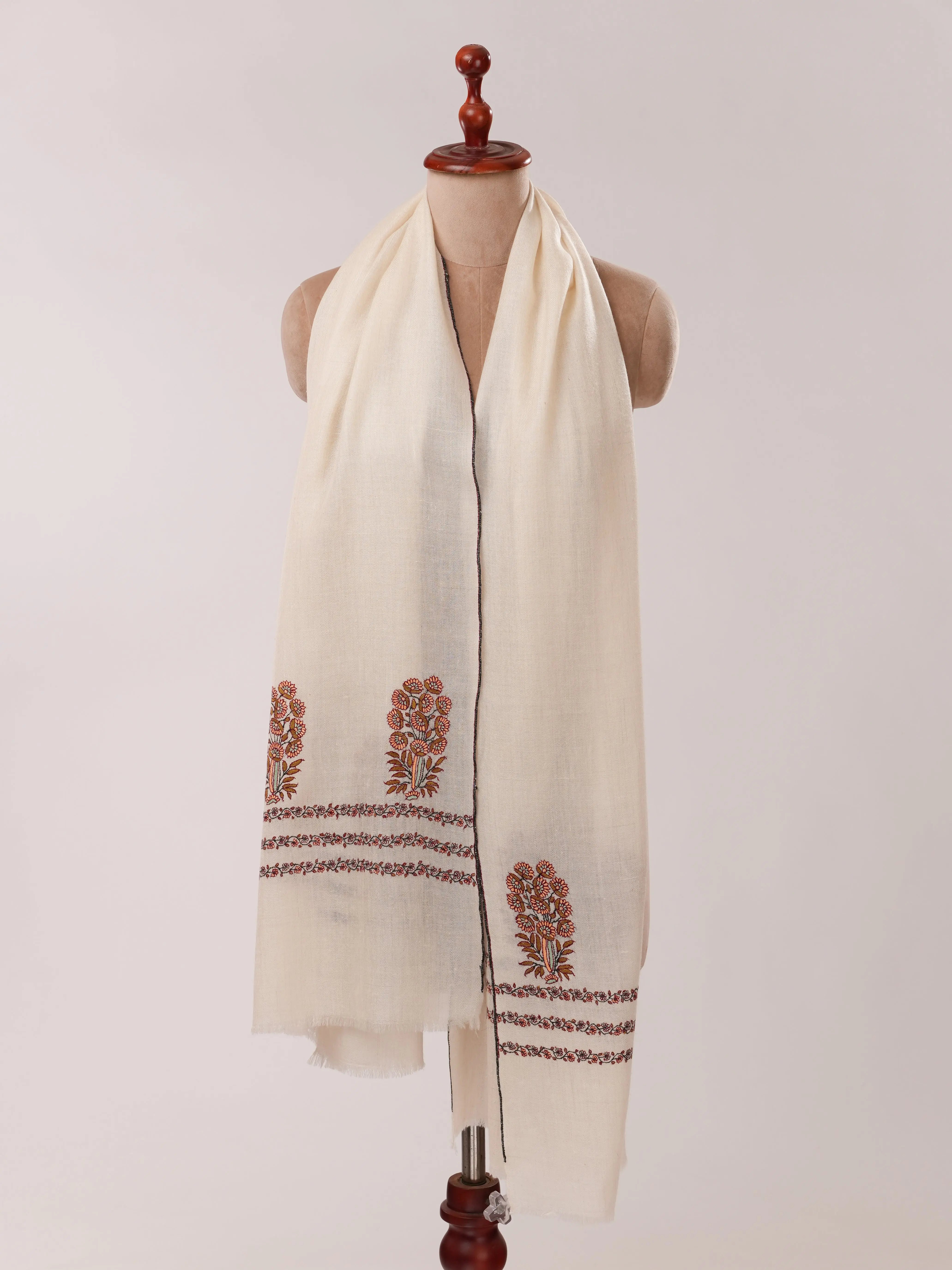 Ivory Baby Soft Cashmere Scarf with Mughal Palla Hand Embroidery Shahkaar.com