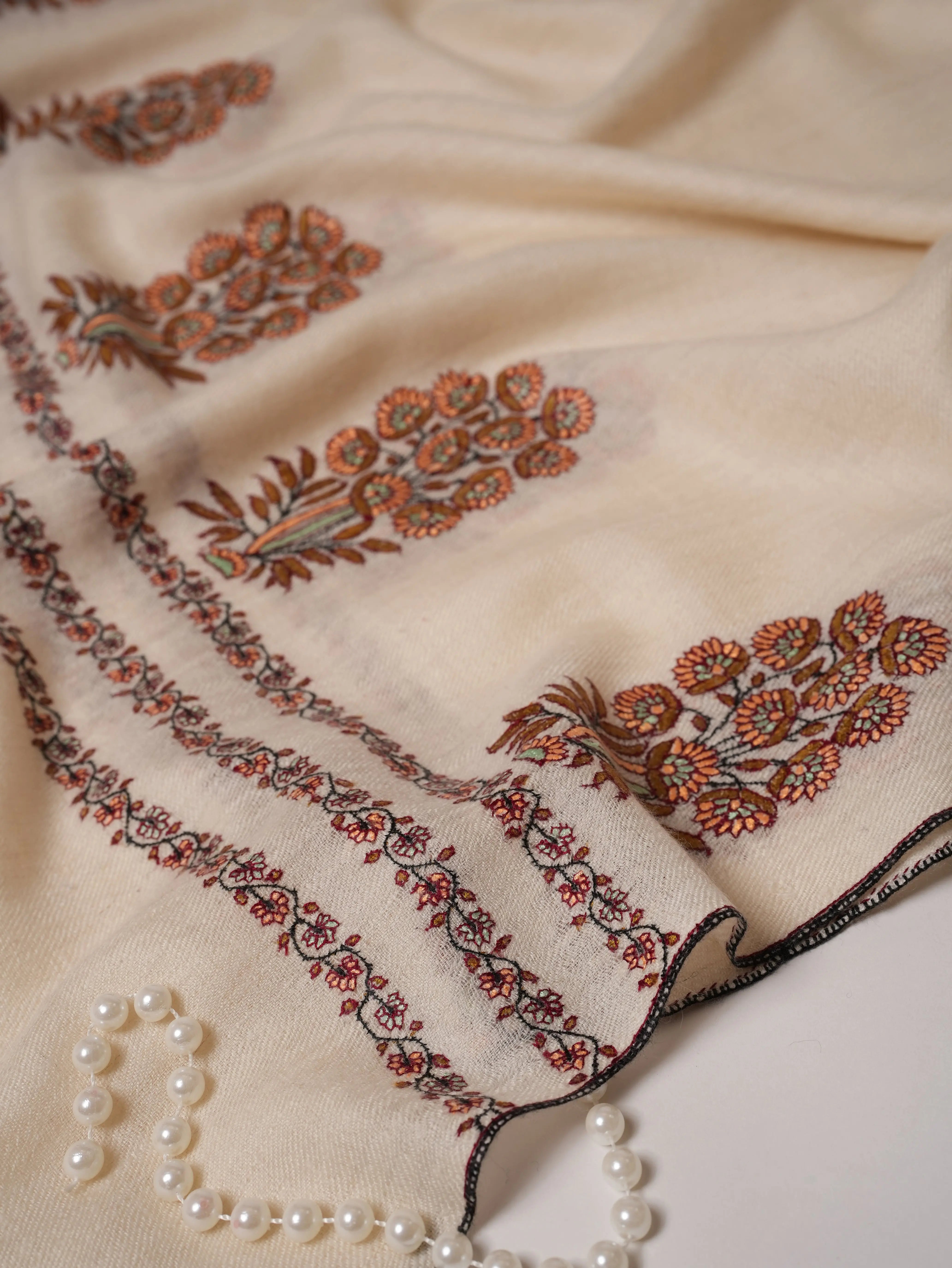 Ivory Baby Soft Cashmere Scarf with Mughal Palla Hand Embroidery Shahkaar.com