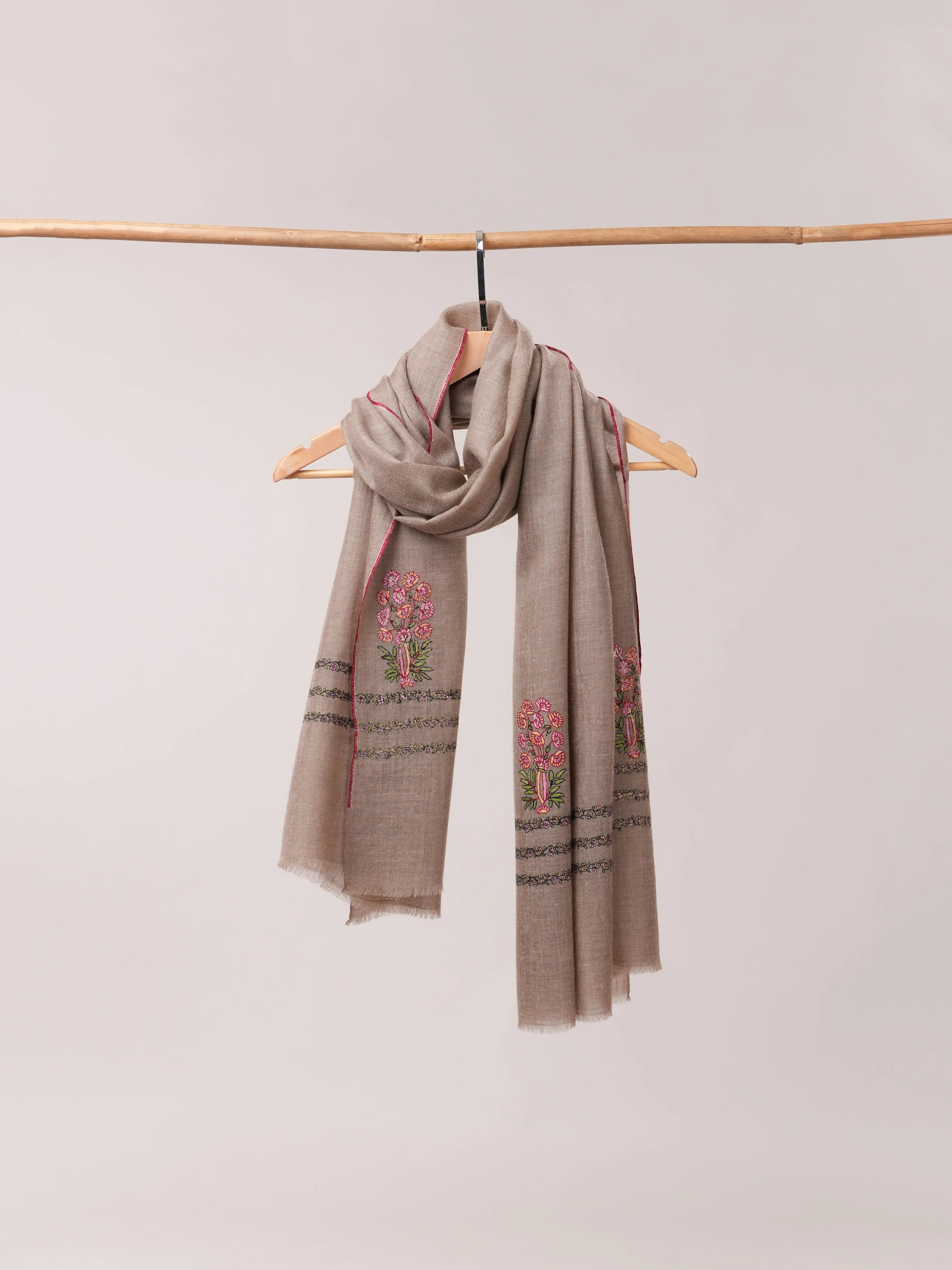 Natural Grey Cashmere Scarf with Palla Mughal Motif Hand Embroidery Shahkaar.com